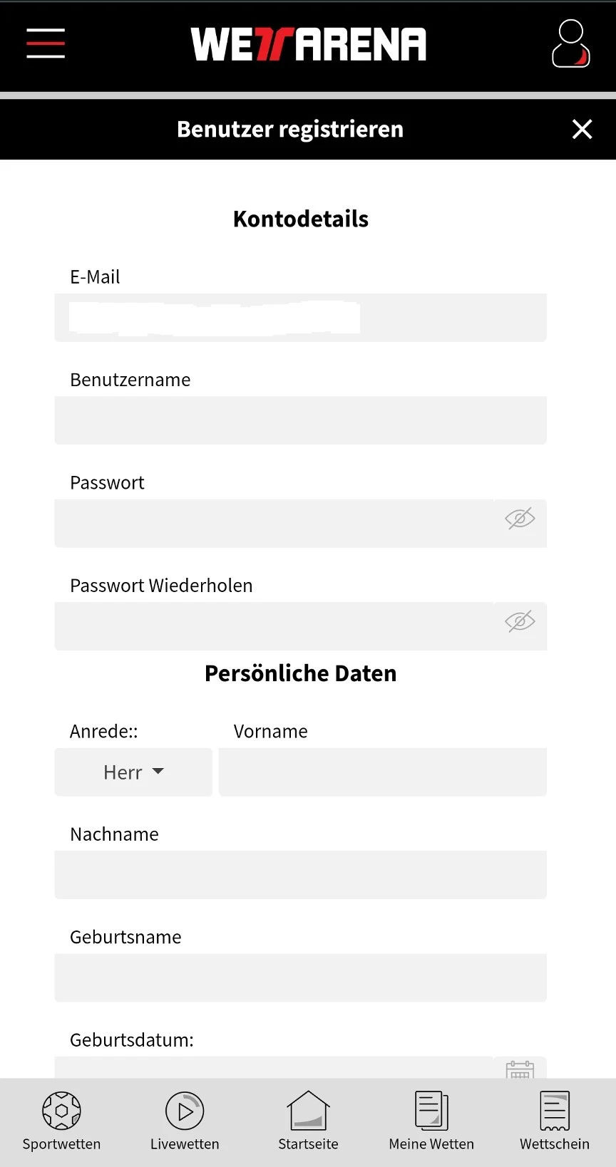 Wettarena Registrierungsformular Handy