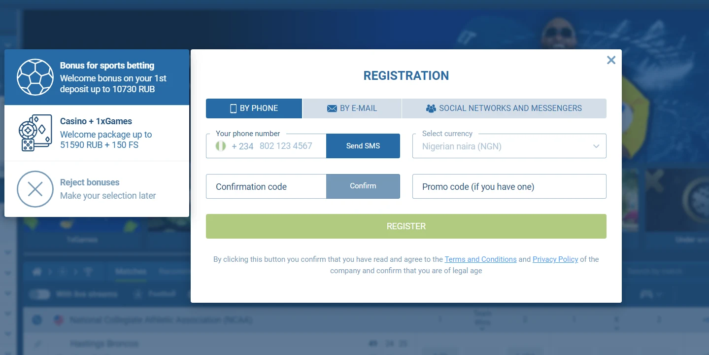 photo showing 1xBet registration page