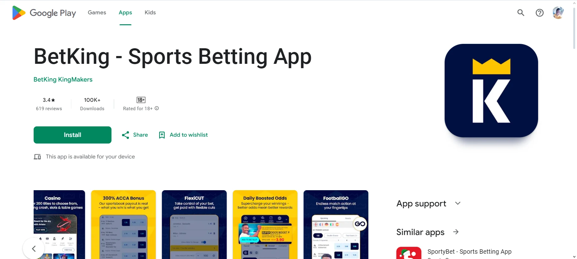 Betking app on Google playstore