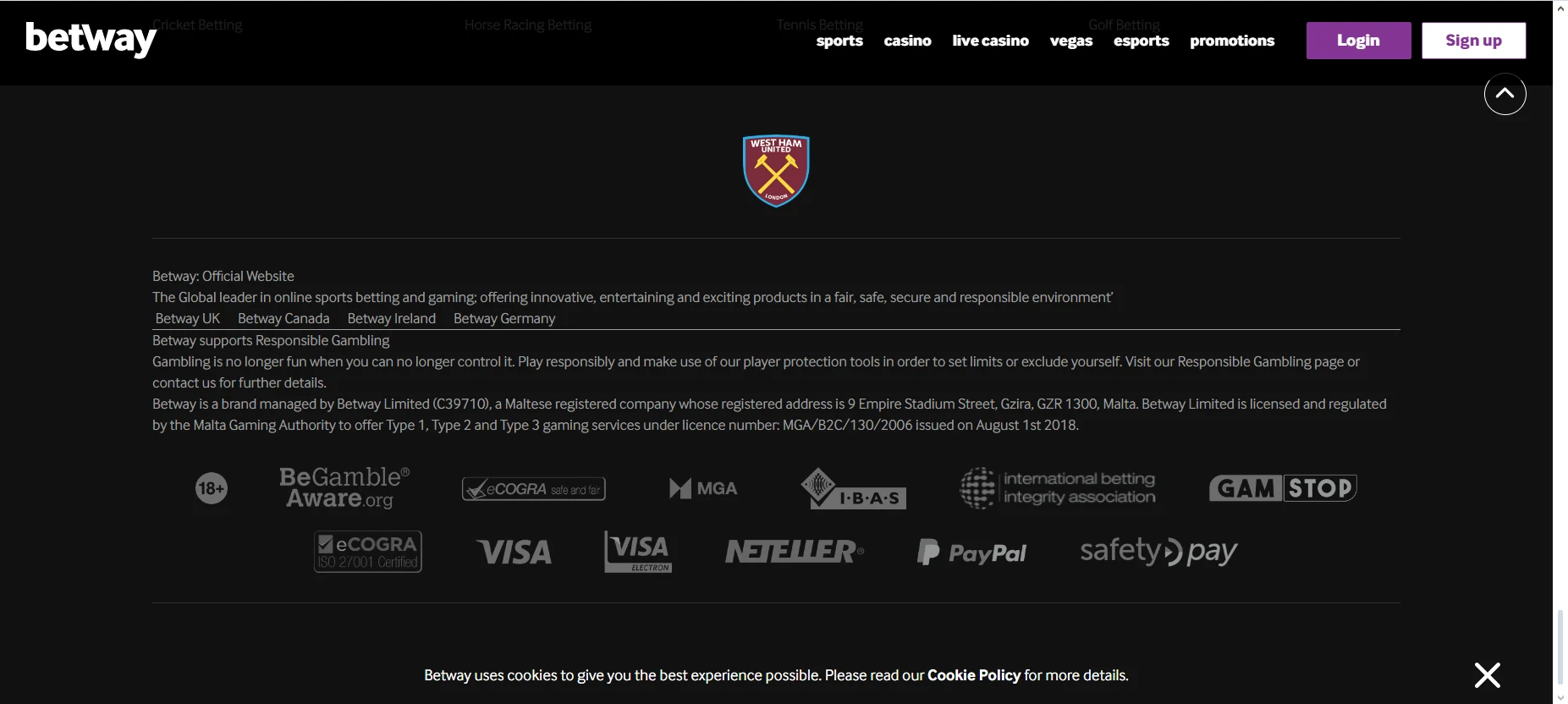 Betway website footer 