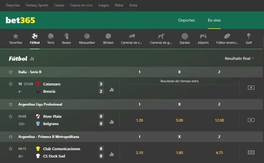 Apuestas en vivo en Bet365