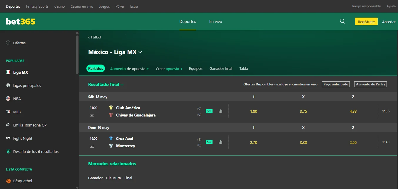 Apuestas en vivo en bet365
