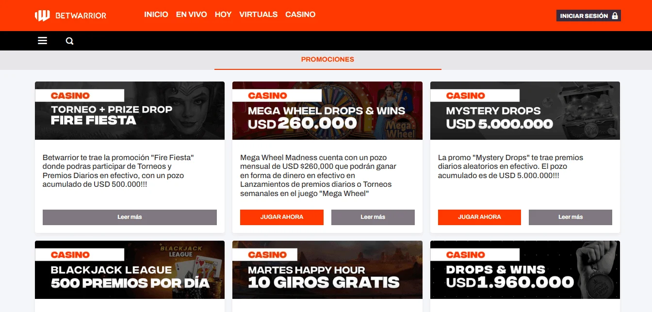 Promociones del casino Betwarrior