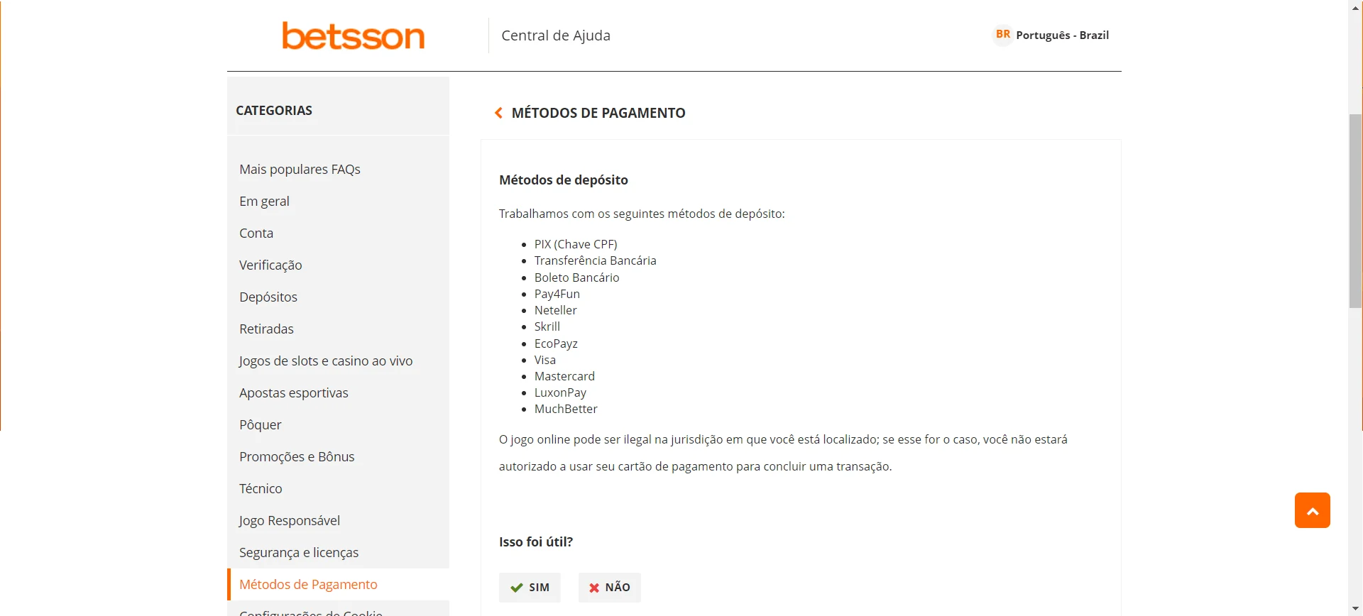 Depósito na Betsson