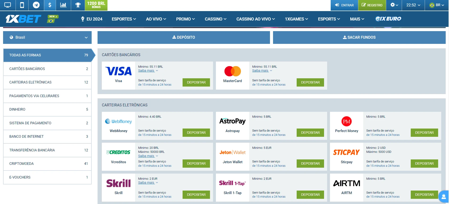 Depósitos na 1xBet