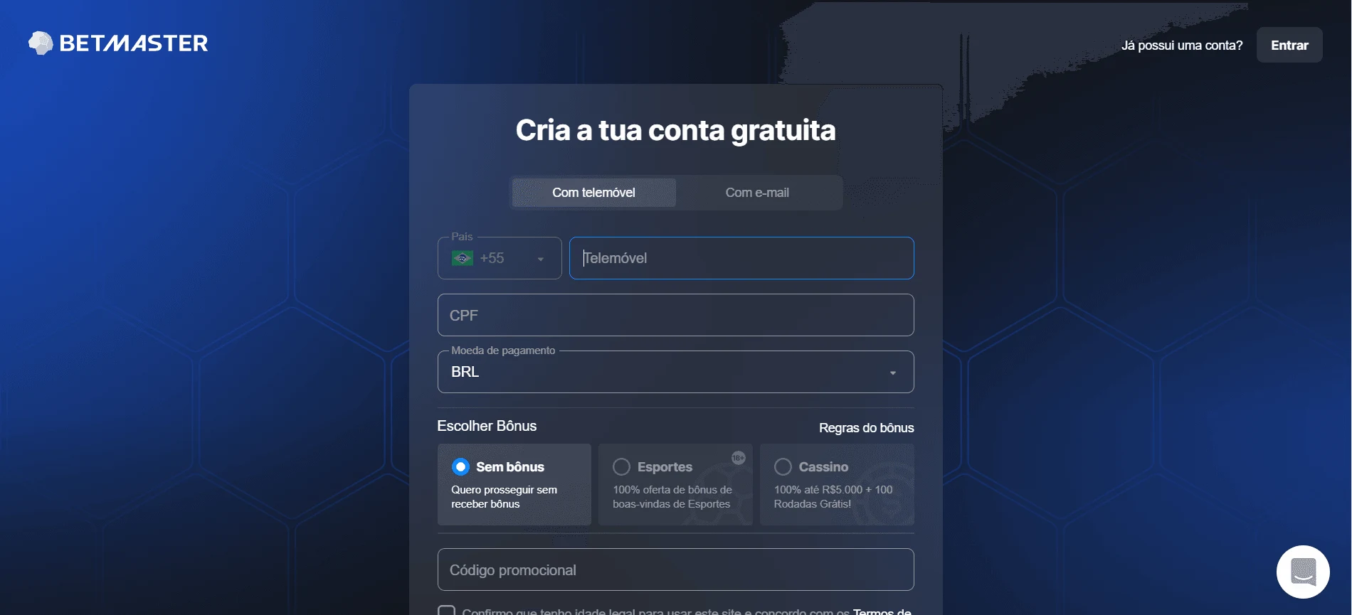Cadastro na Betmaster