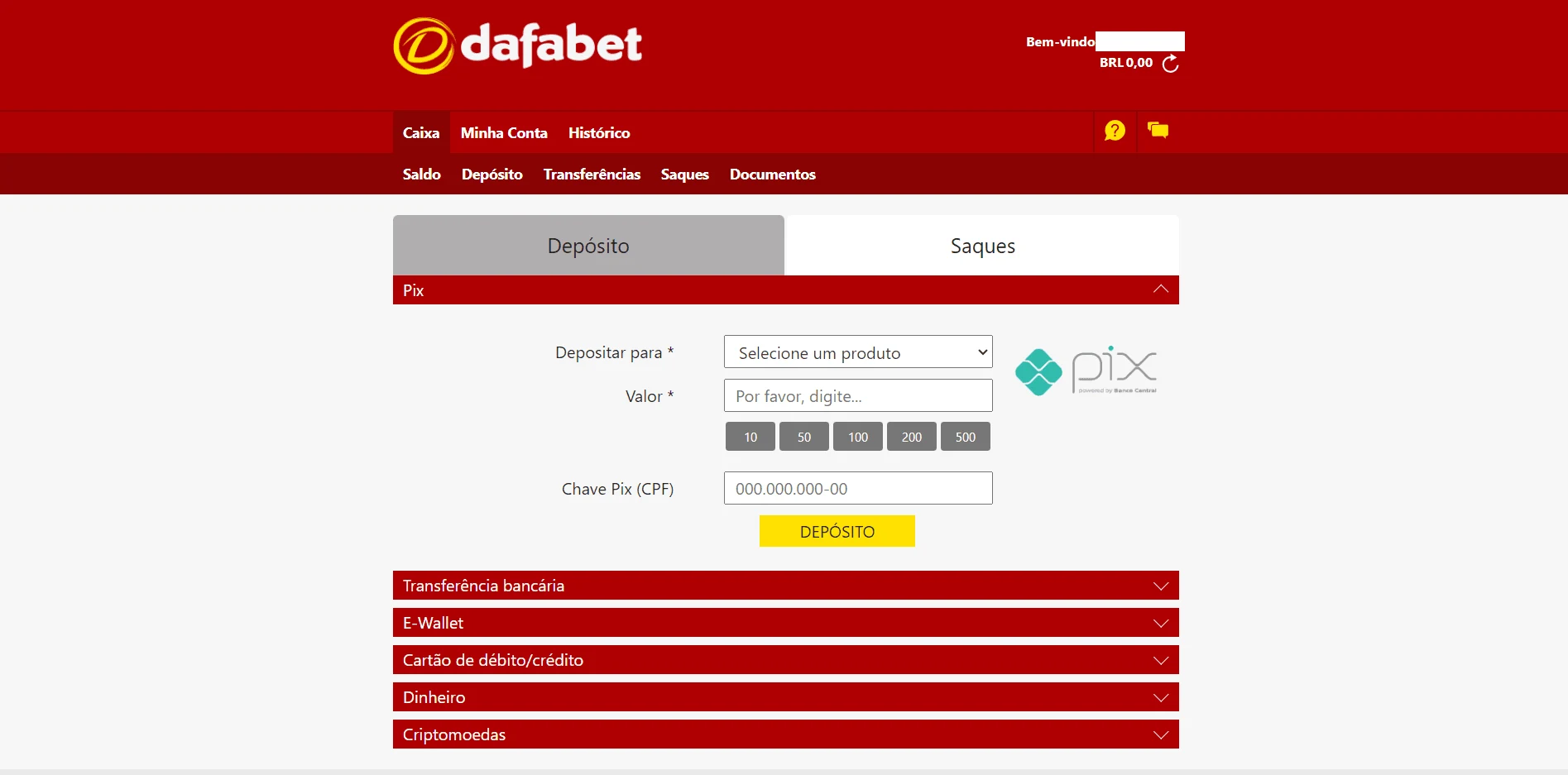 Depósito na Dafabet