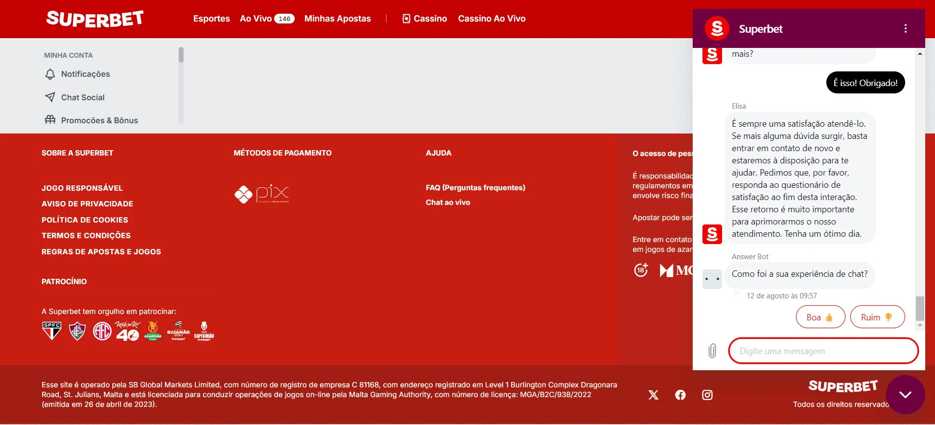 Suporte da Superbet