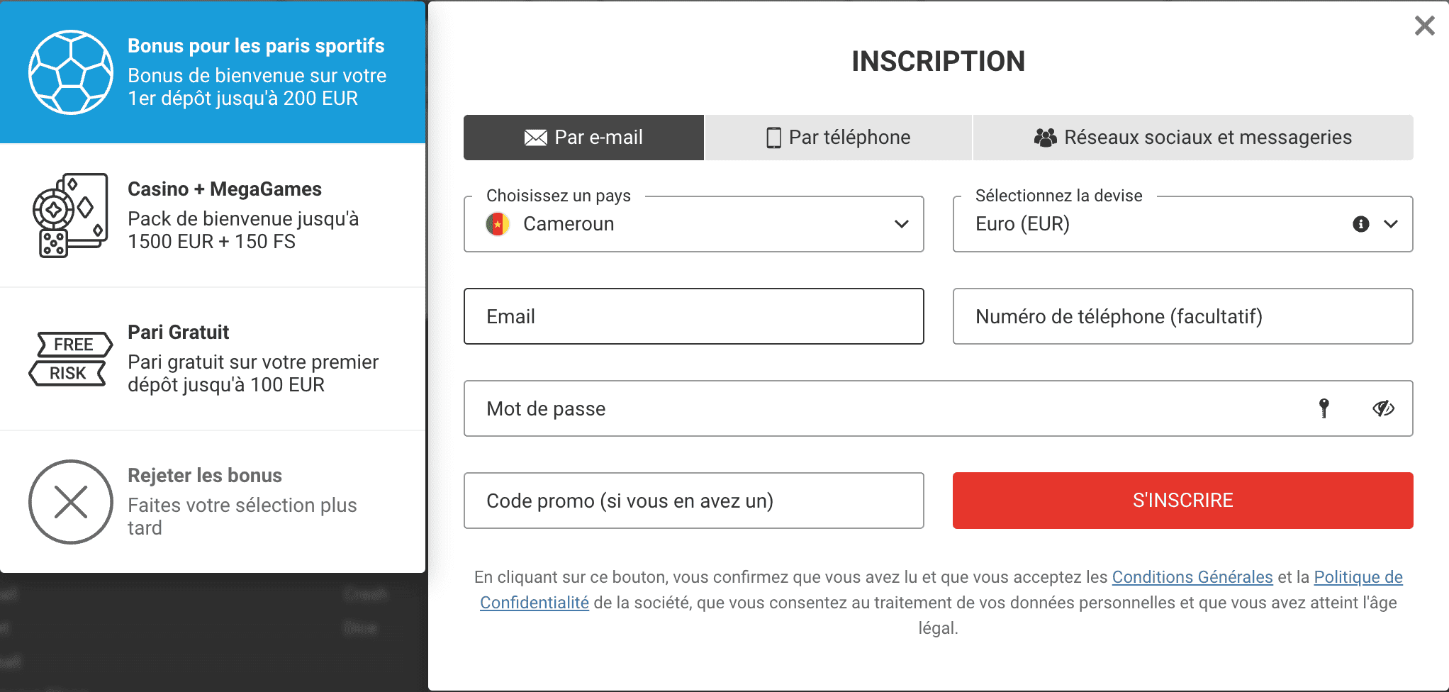 s'inscrire sur megapari