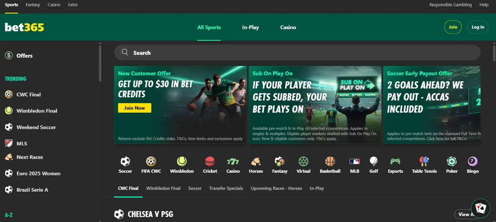Bet365 Website Interface Design