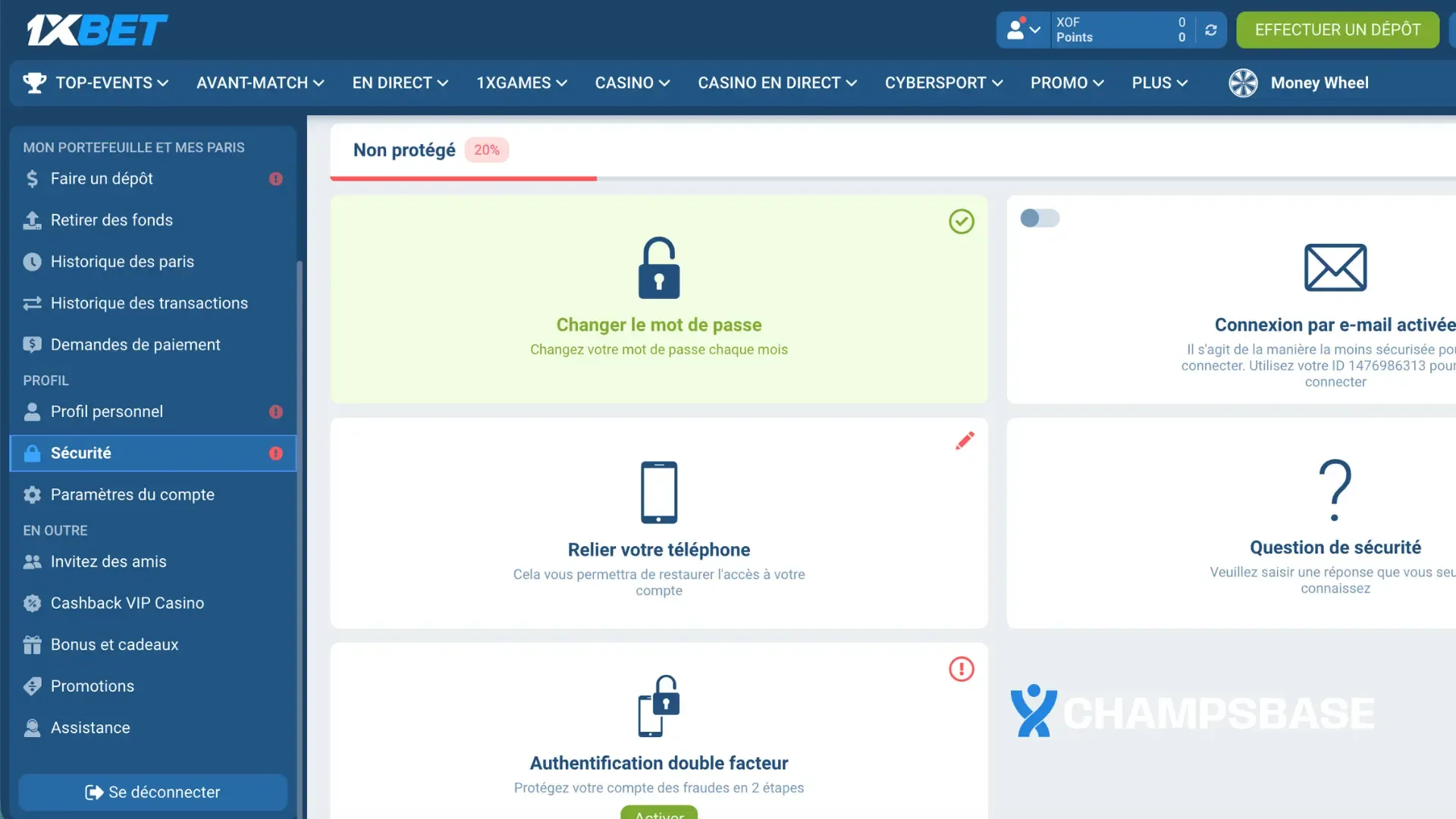 sécuriser le compte 1xbet