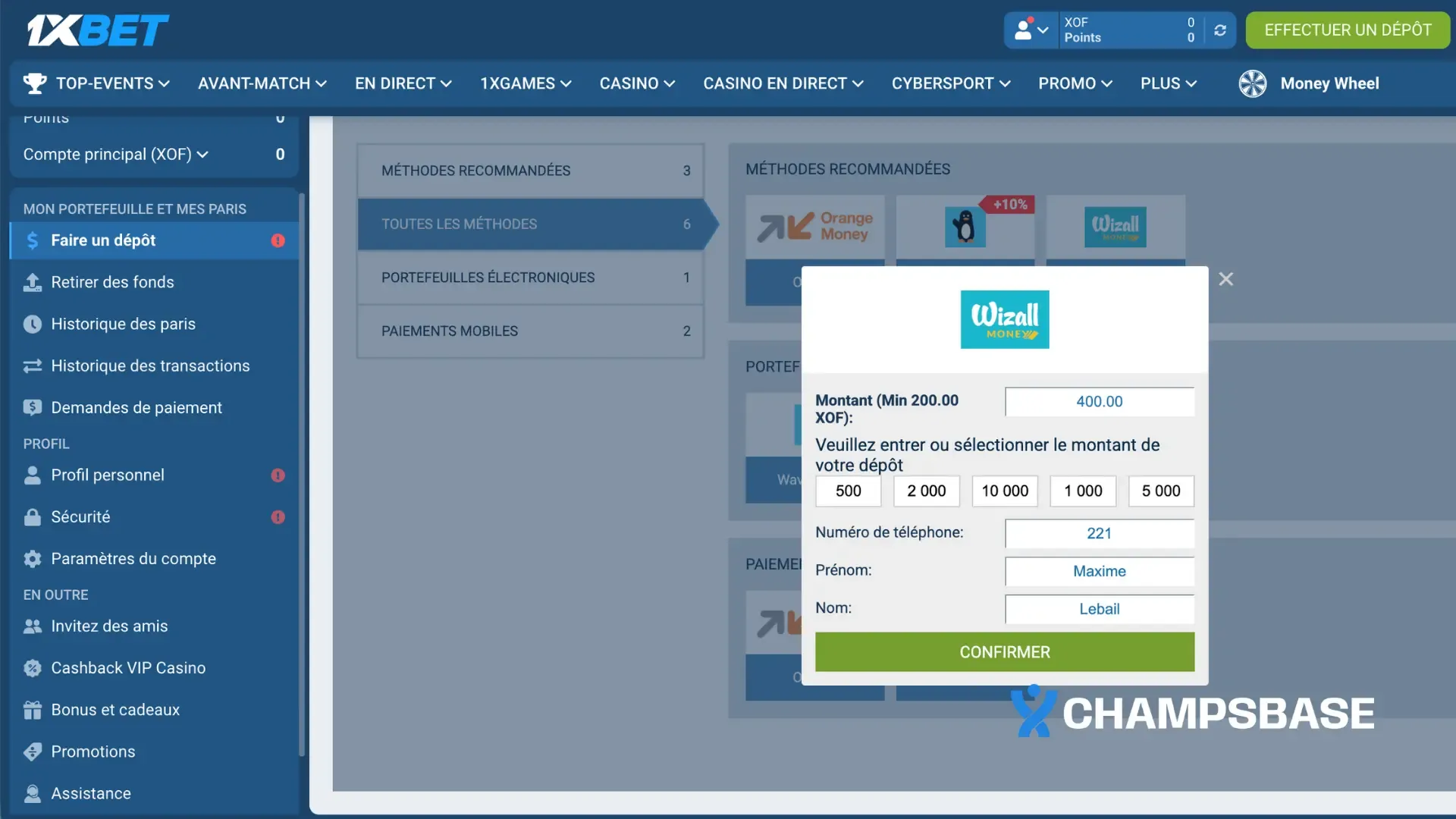 faire un dépôt sur 1xbet