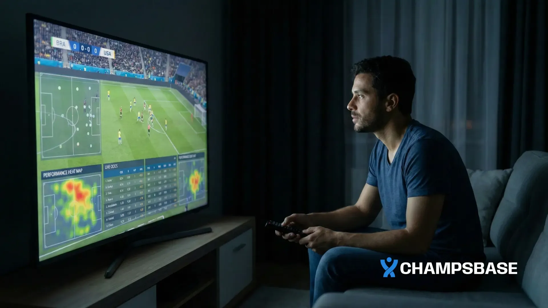 Apostador estratégico em casa à noite, focado na TV que exibe uma partida de futebol com sobreposição de dados táticos e estatísticas.