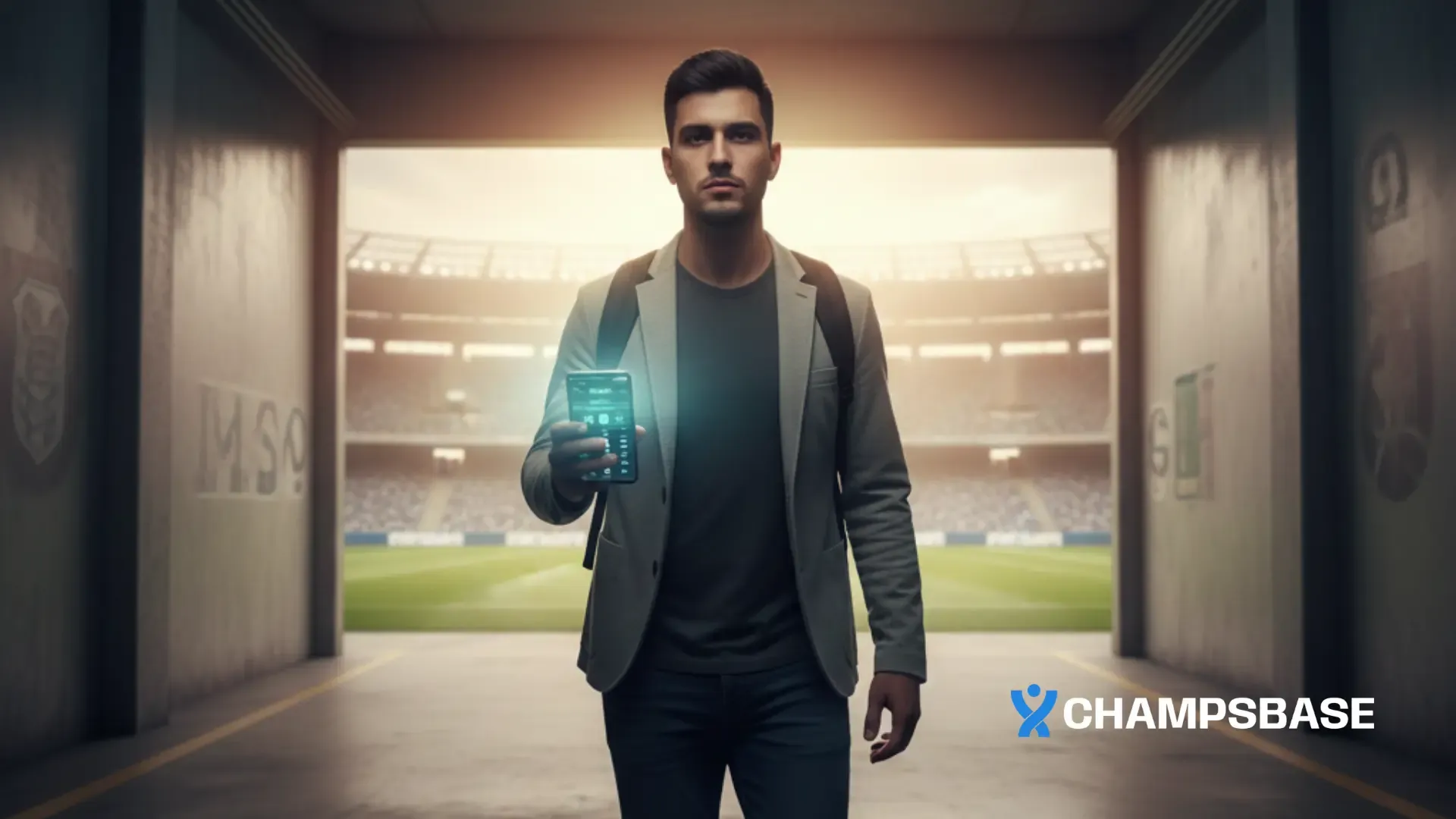 Jovem caminha por um corredor que leva do vestiário ao campo de futebol, segurando um smartphone. A luz vinda da entrada do estádio simboliza uma jornada de aprendizado e progressão nas apostas esportivas.