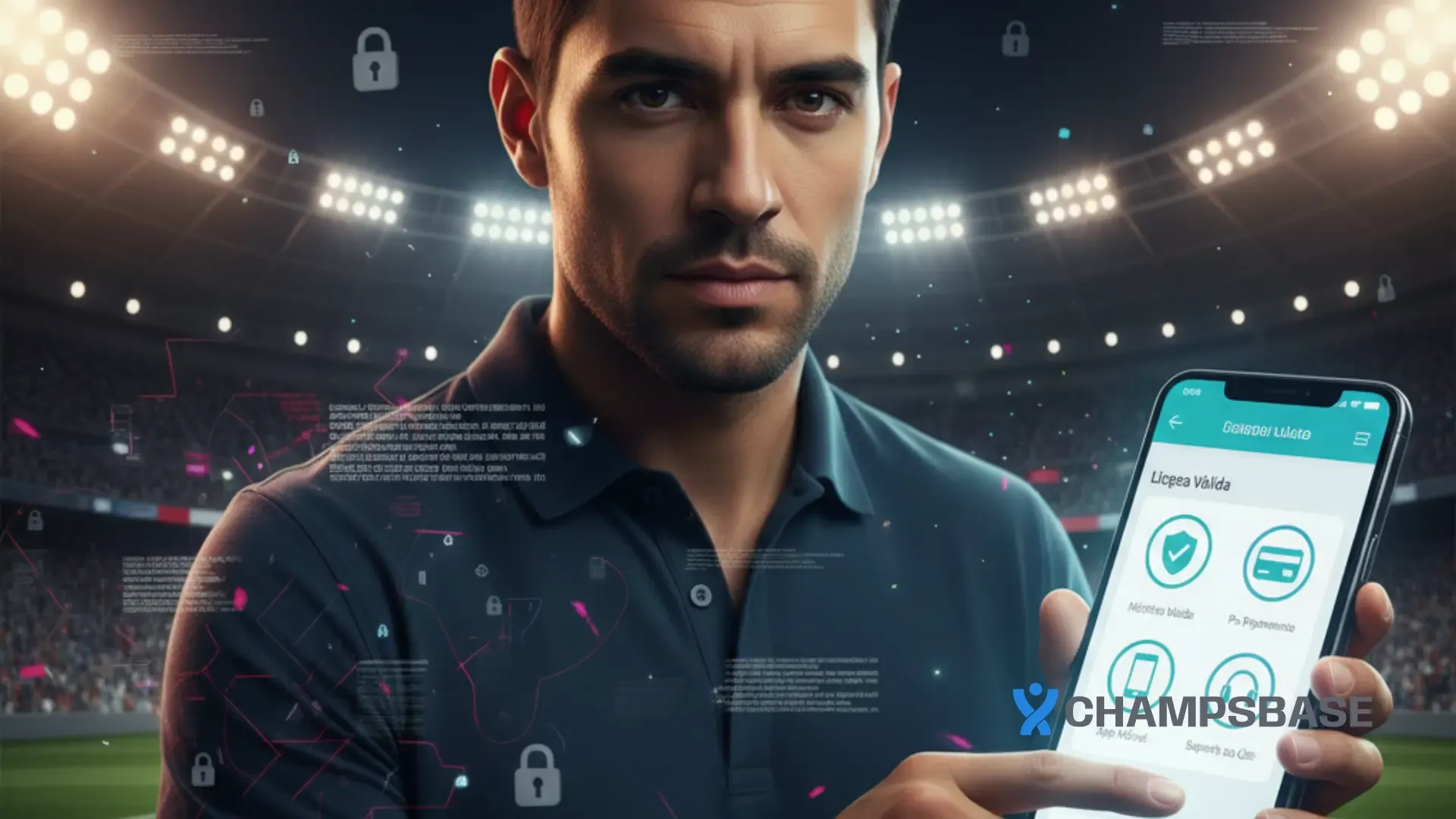 Homem segura um smartphone com uma interface de critérios de escolha de uma plataforma de apostas esportivas. Símbolos de segurança flutuam ao redor, contrastando com o fundo do estádio.