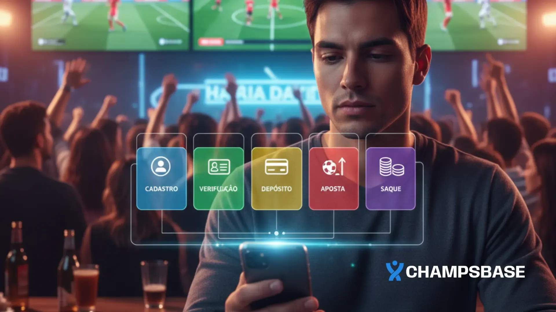 Apostador em um bar esportivo, com telas exibindo jogos ao fundo, usa um smartphone. Uma interface semi-transparente sobreposta mostra os passos do processo de aposta online, simbolizando a jornada digital da aposta esportiva.