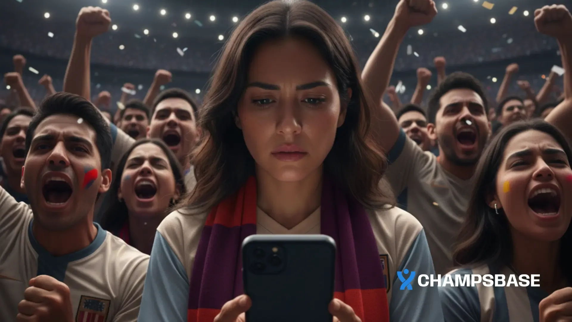 Mulher na arquibancada verifica celular discretamente entre torcida vibrante, roupas neutras, atmosfera de estádio brasileiro à noite.