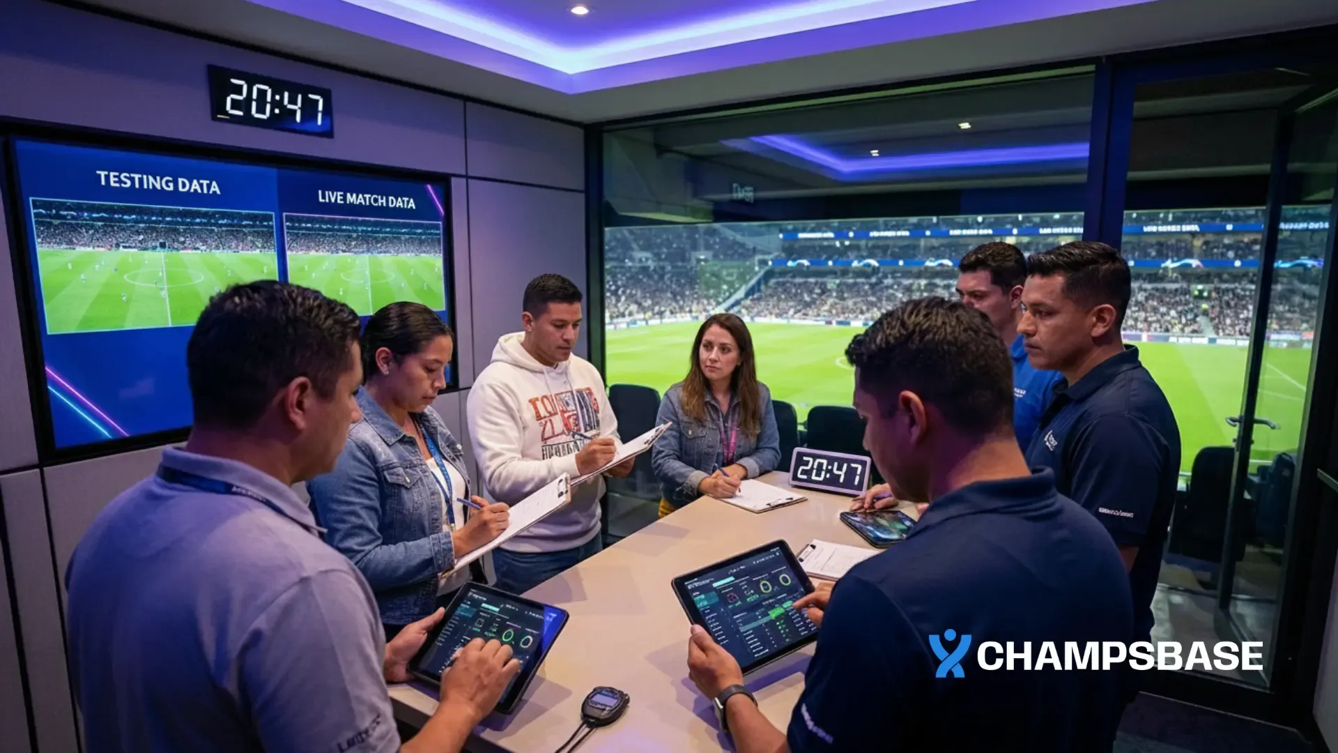 Pessoas com roupas casuais em lounge VIP usando tablets para verificar dados de apostas durante partida noturna.