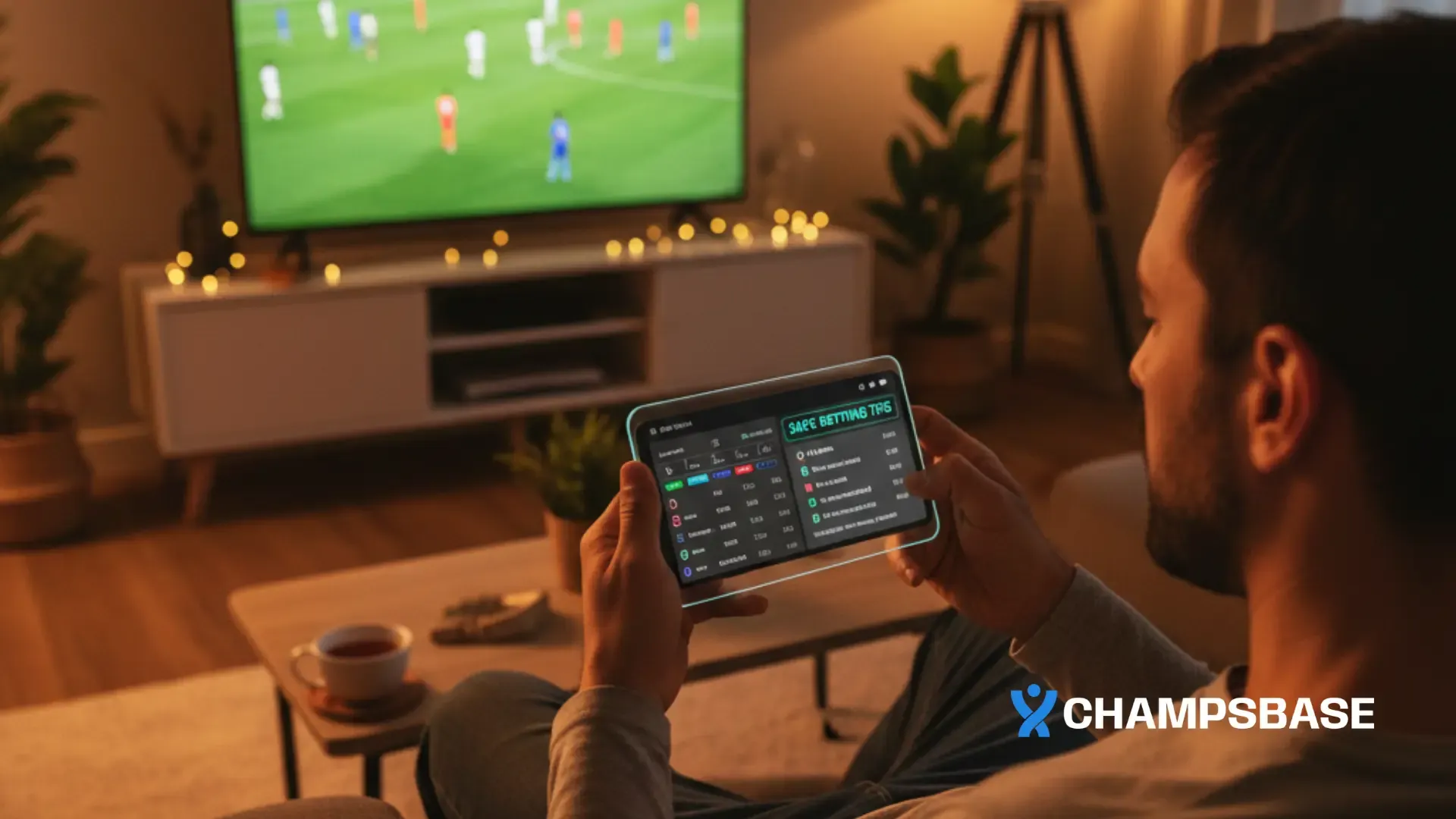 Torcedor em sala aconchegante assistindo jogo na TV e usando app de apostas no celular de forma responsável.