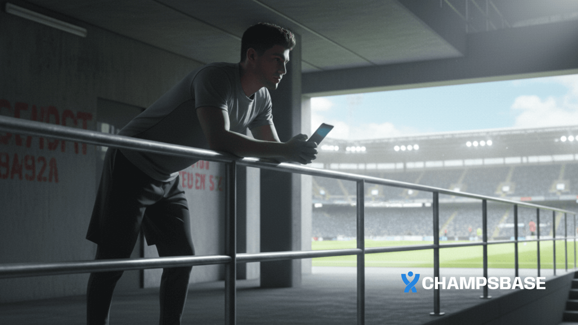 Homem pondera sobre bônus de apostas em um túnel que leva ao estádio de futebol.