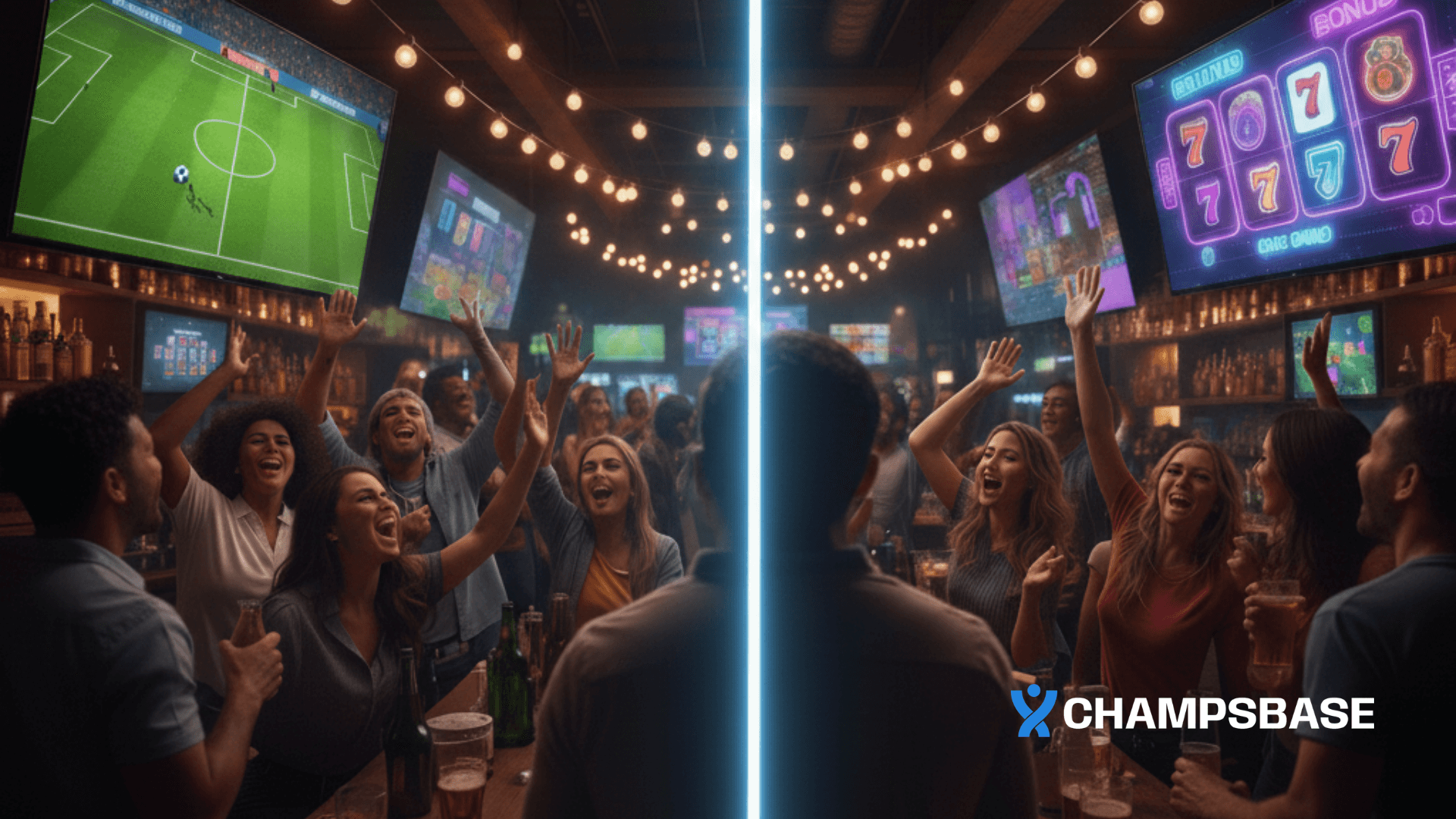 Bar lotado e, ao meio, um jogador se divide entre apostas esportivas e as emoções de um cassino online.