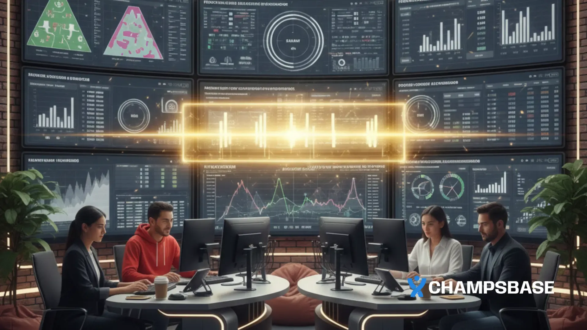 Especialistas ChampsBase trabalham em palpites de apostas esportivas em um ambiente de trabalho moderno