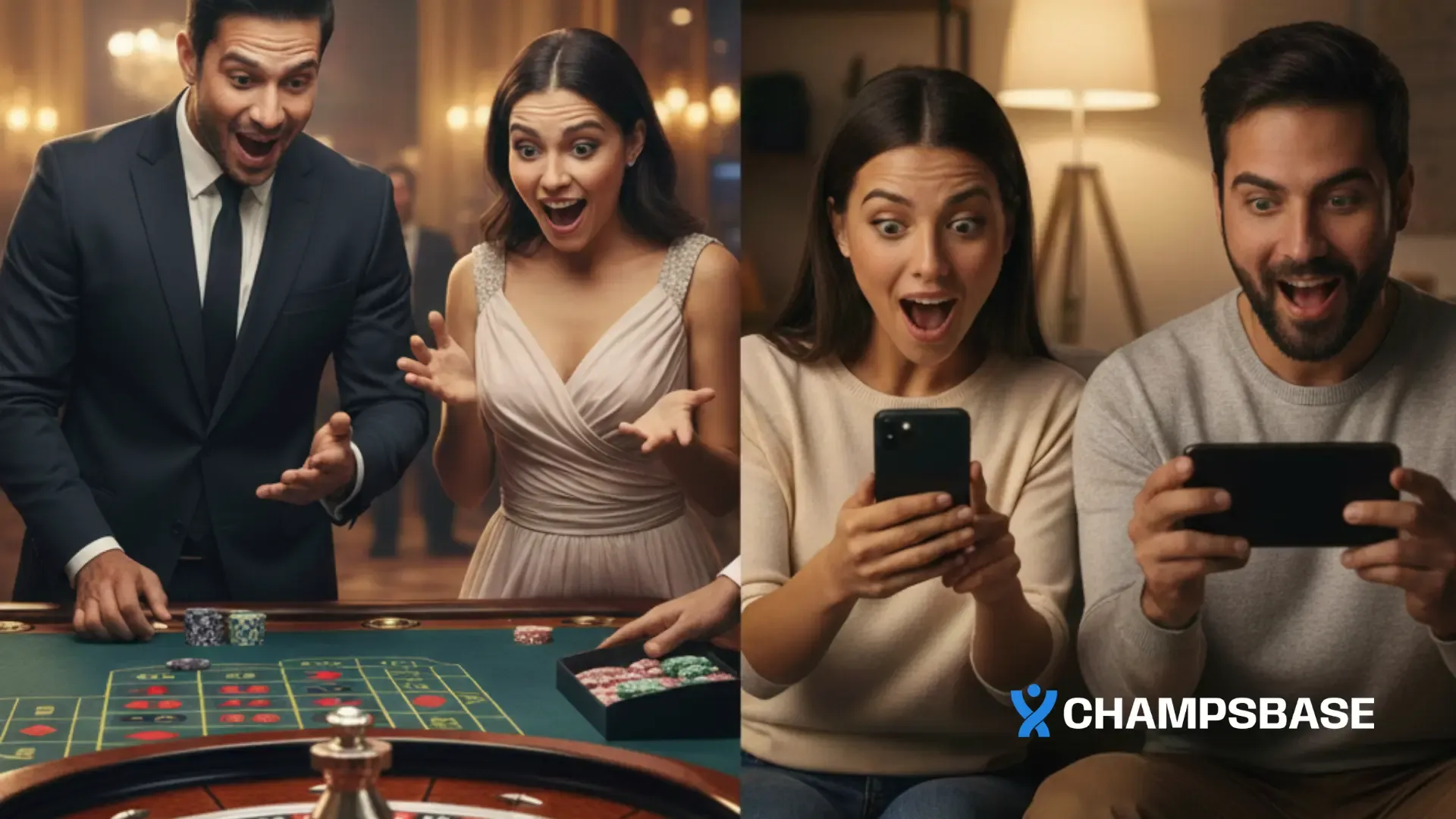 Comparativo em duas telas. à esquerda, um casal joga em um cassino real; à direita, eles jogam em casa, em um cassino online