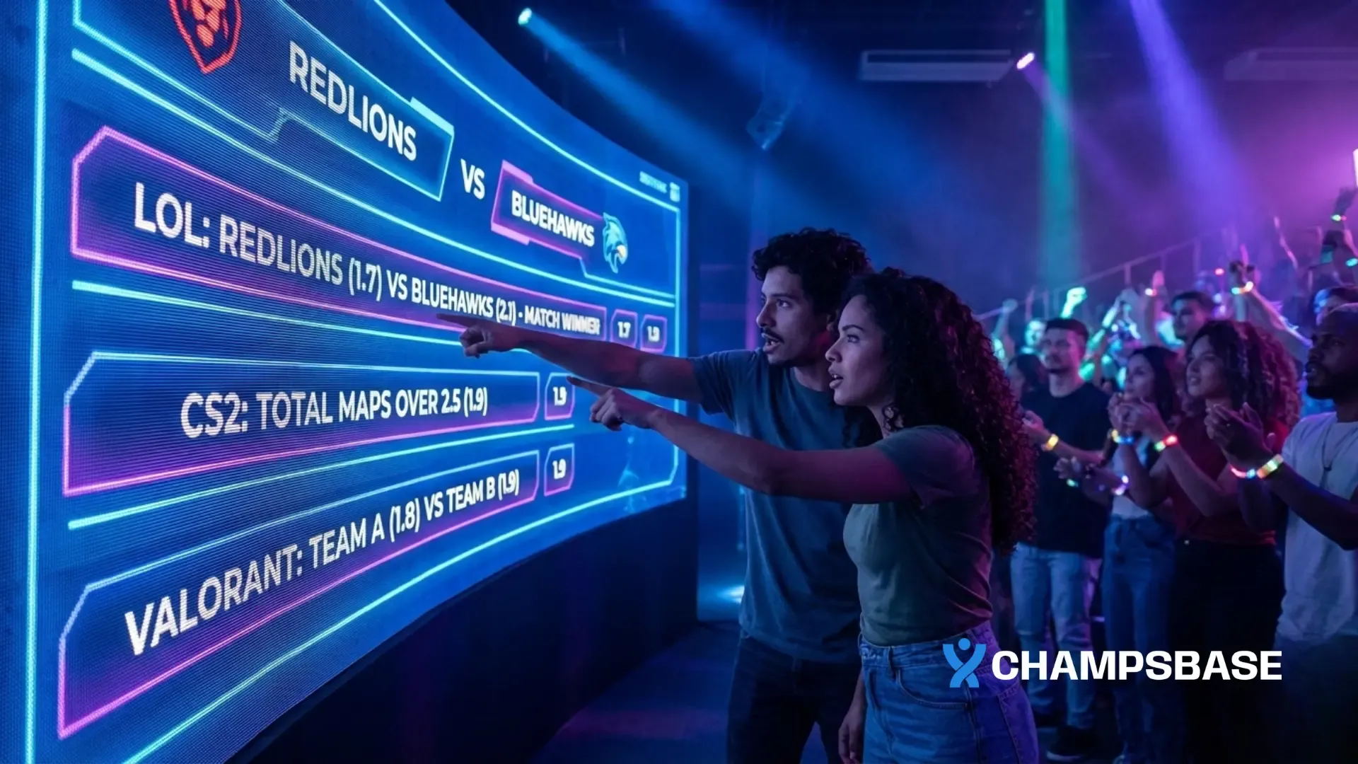 Em um telão, casal analisa as odds para apostas em eSports dentro de um evento específico