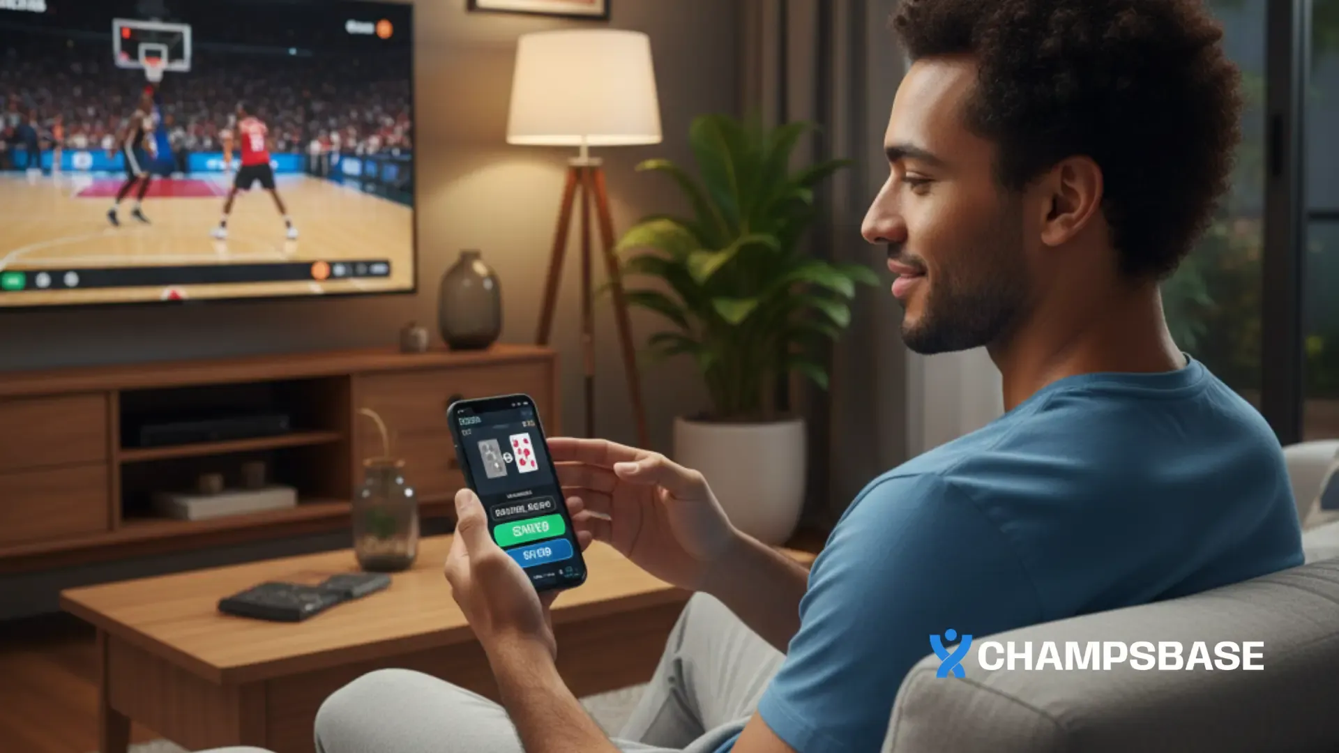 Homem assiste a um jogo e basquete na TV, em sua casa, e aproveita para jogar no cassino online em seu celular
