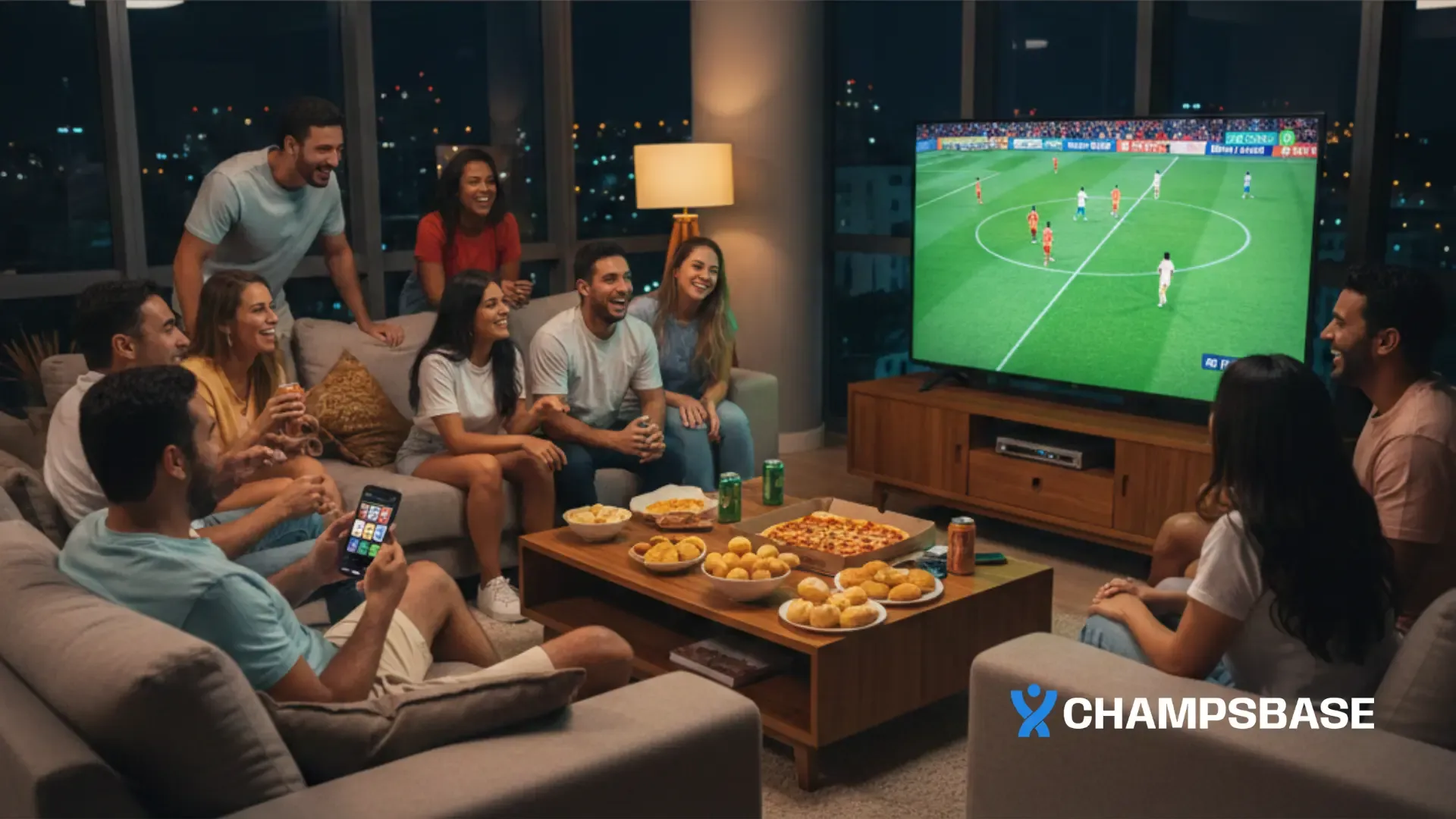 Amigos reunidos em casa para bebe, comer, assistir a uma partida de futebol e, ao celular, alguns jogam em cassinos online