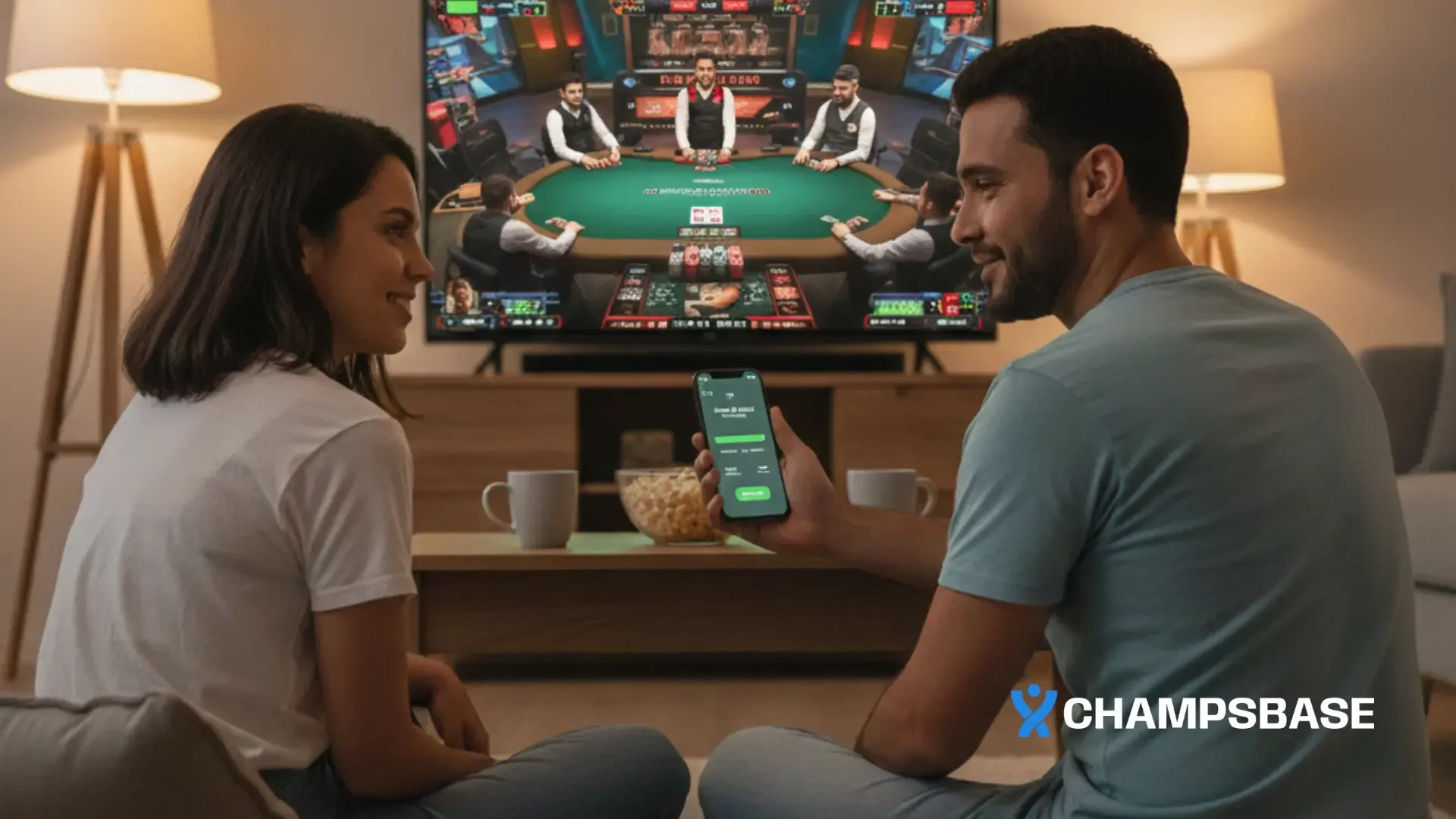 Casal acompanha a uma partida de pôquer online na TV