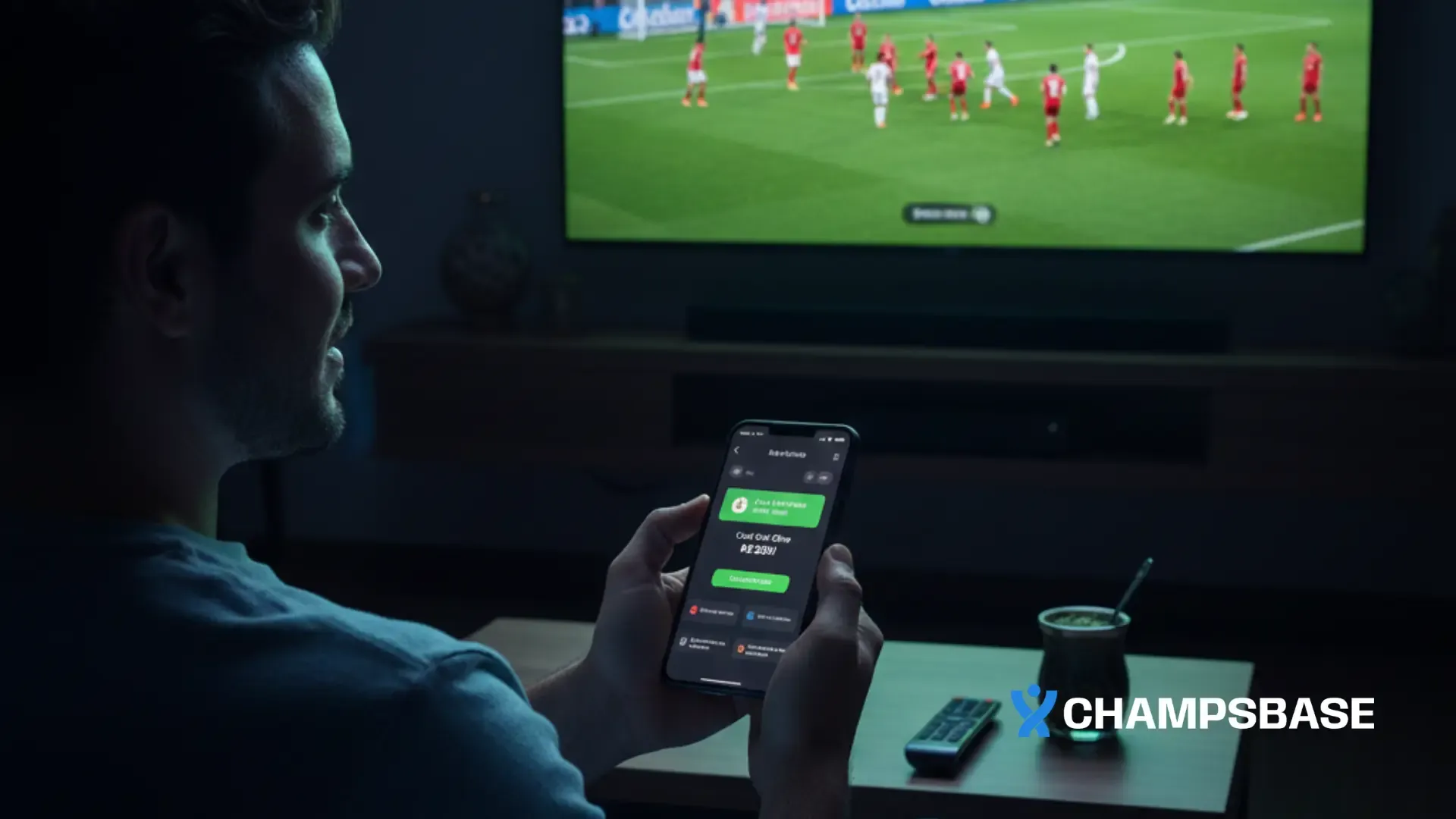 Homem, em casa, assiste a um jogo de futebol enquanto faz apostas em seu app favorito