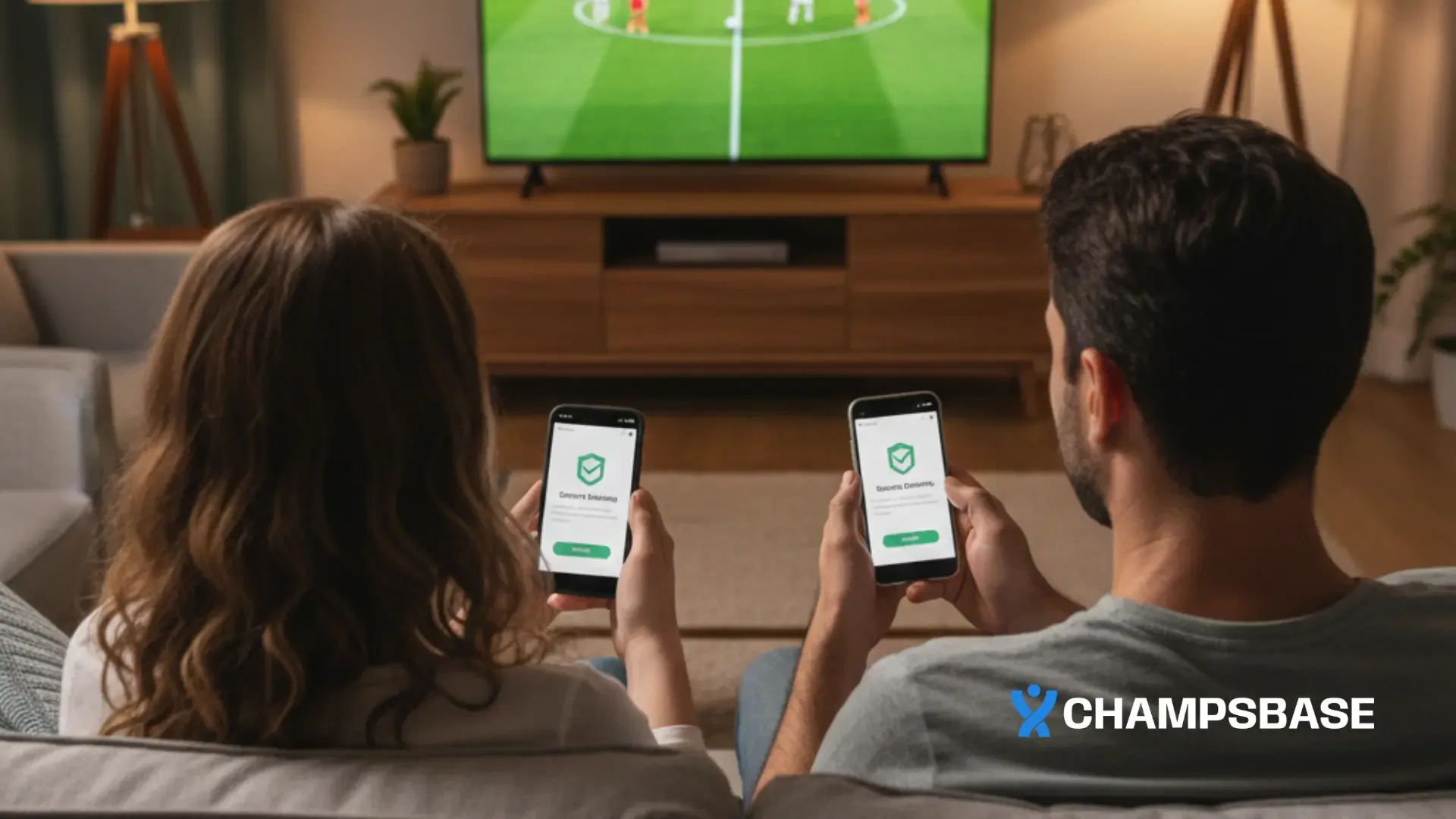Casal aposta, pelo celular, enquanto assiste a um jogo de futebol pela TV