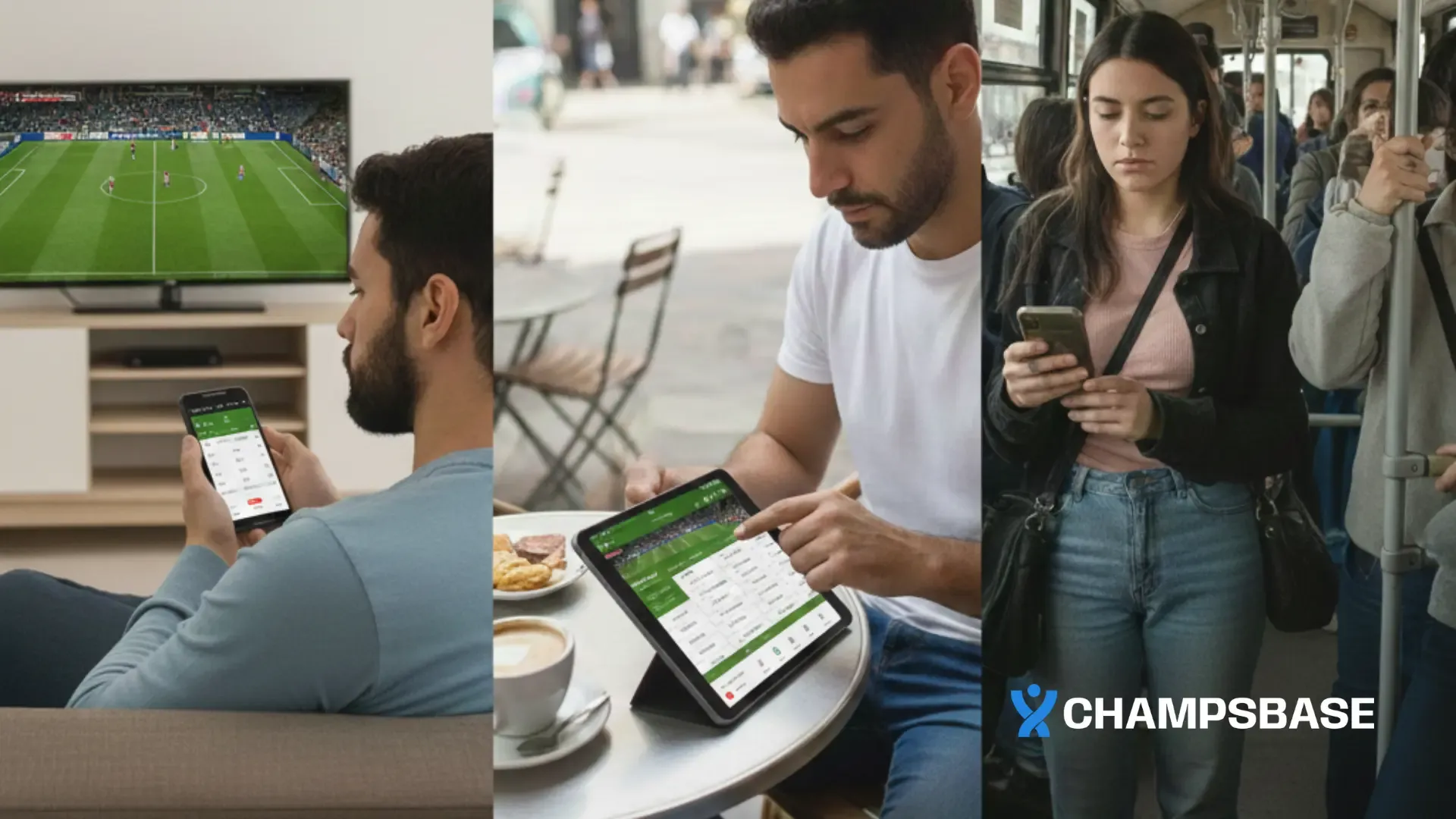 Imagem dividida em três. Um homem no sofá, outro na parte externa de um café, e uma mulher dentro do ônibus. Todos com dispositivos móveis, explorando apps de apostas esportivas