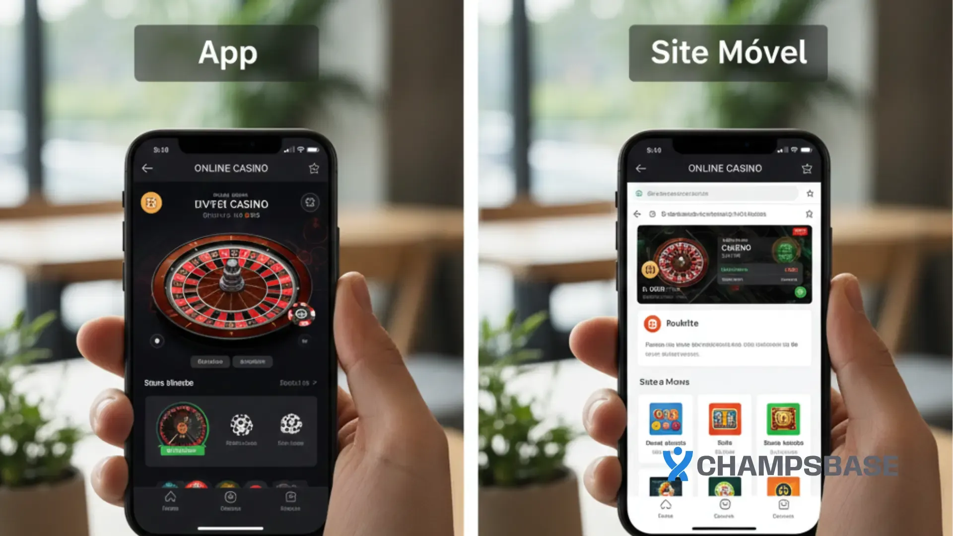 Comparação visual entre app de cassino e site móvel no celular, focada em usabilidade e experiência mobile.