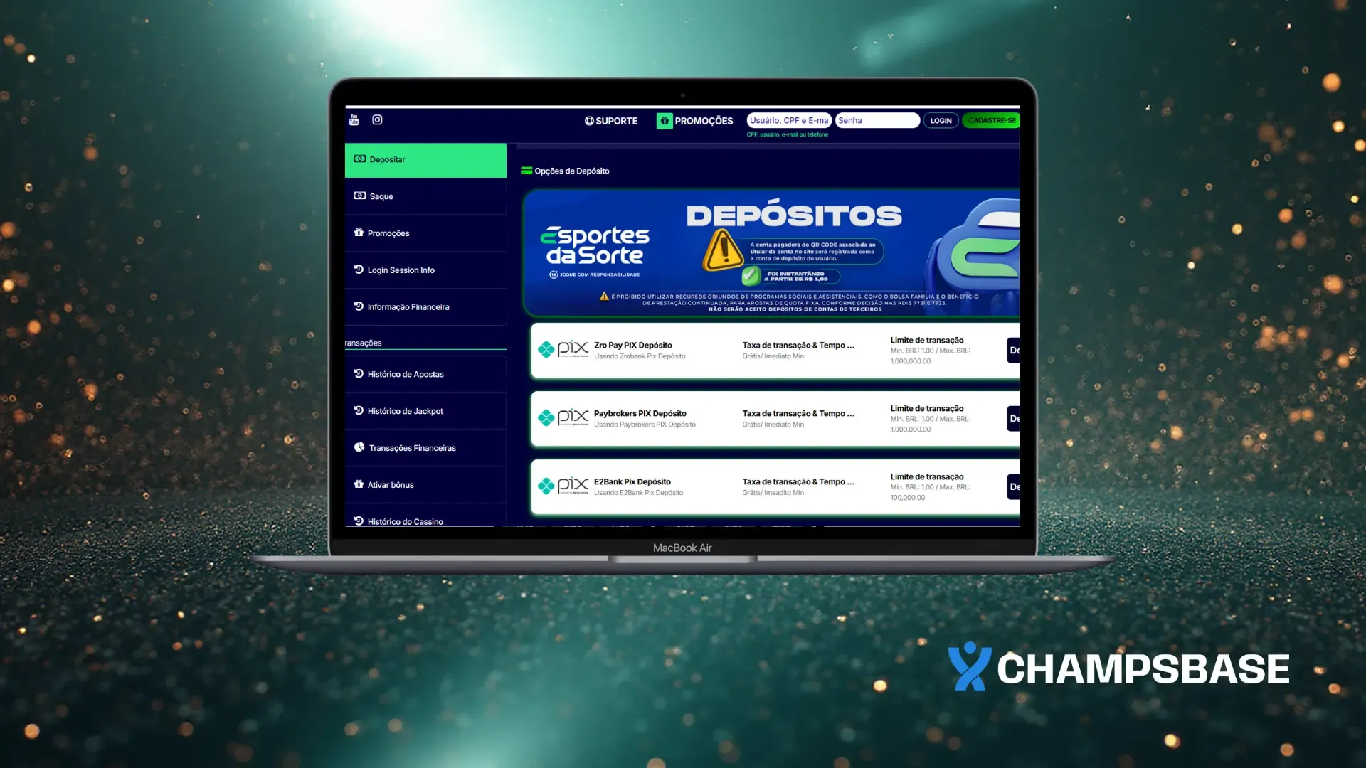 Tela de depósito no site da Esportes da Sorte