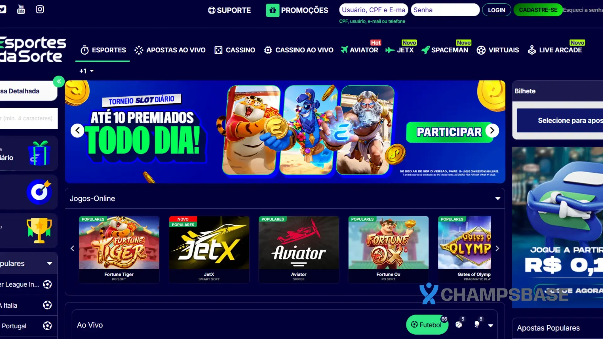 Imagem da home page do site da Esportes da Sorte