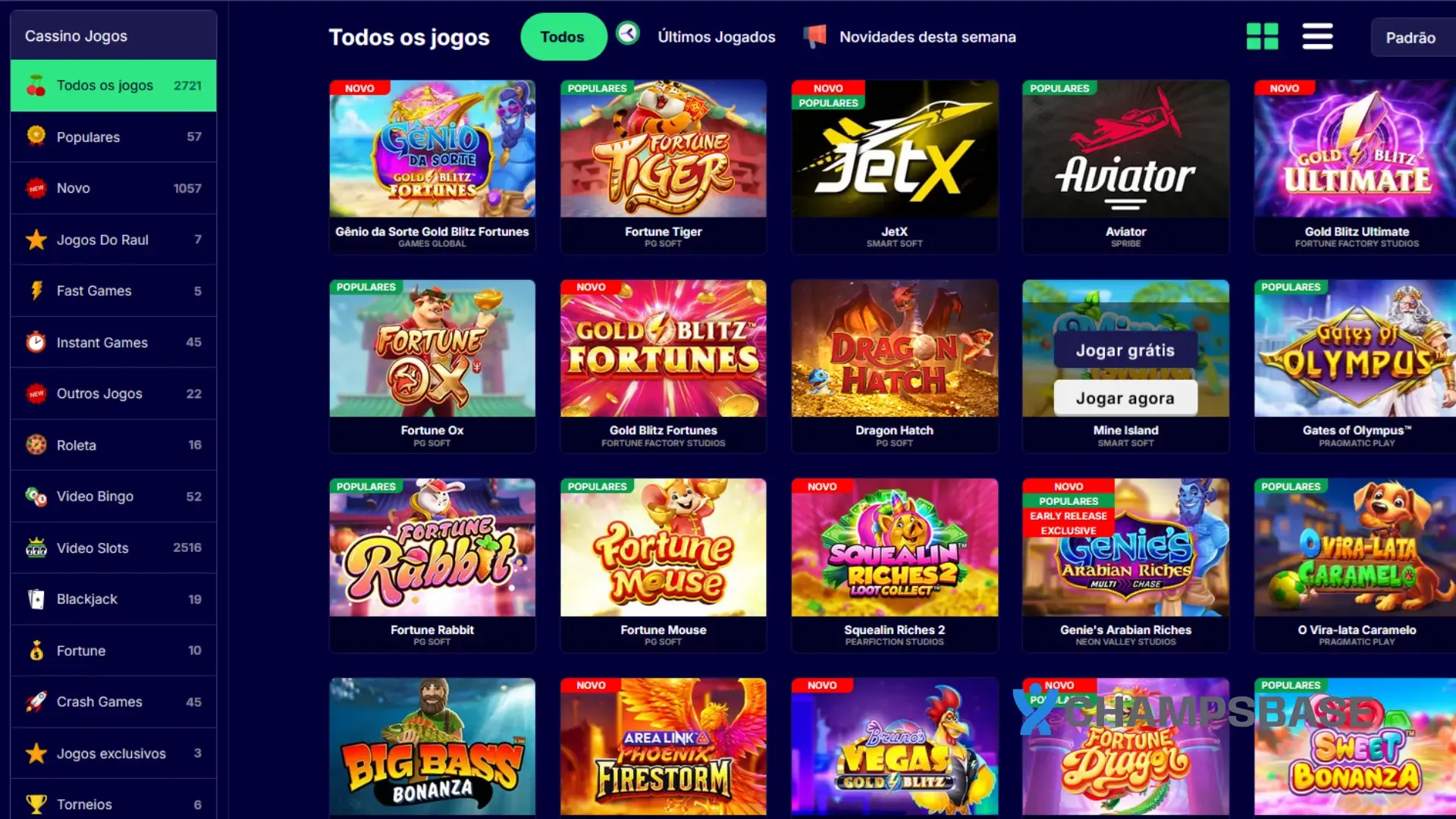 Tela dos jogos de cassino online da Esportes da Sorte