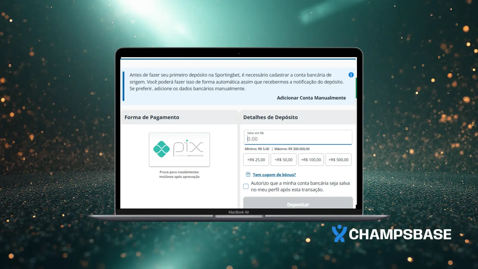 Página de depósito via Pix na Sportingbet
