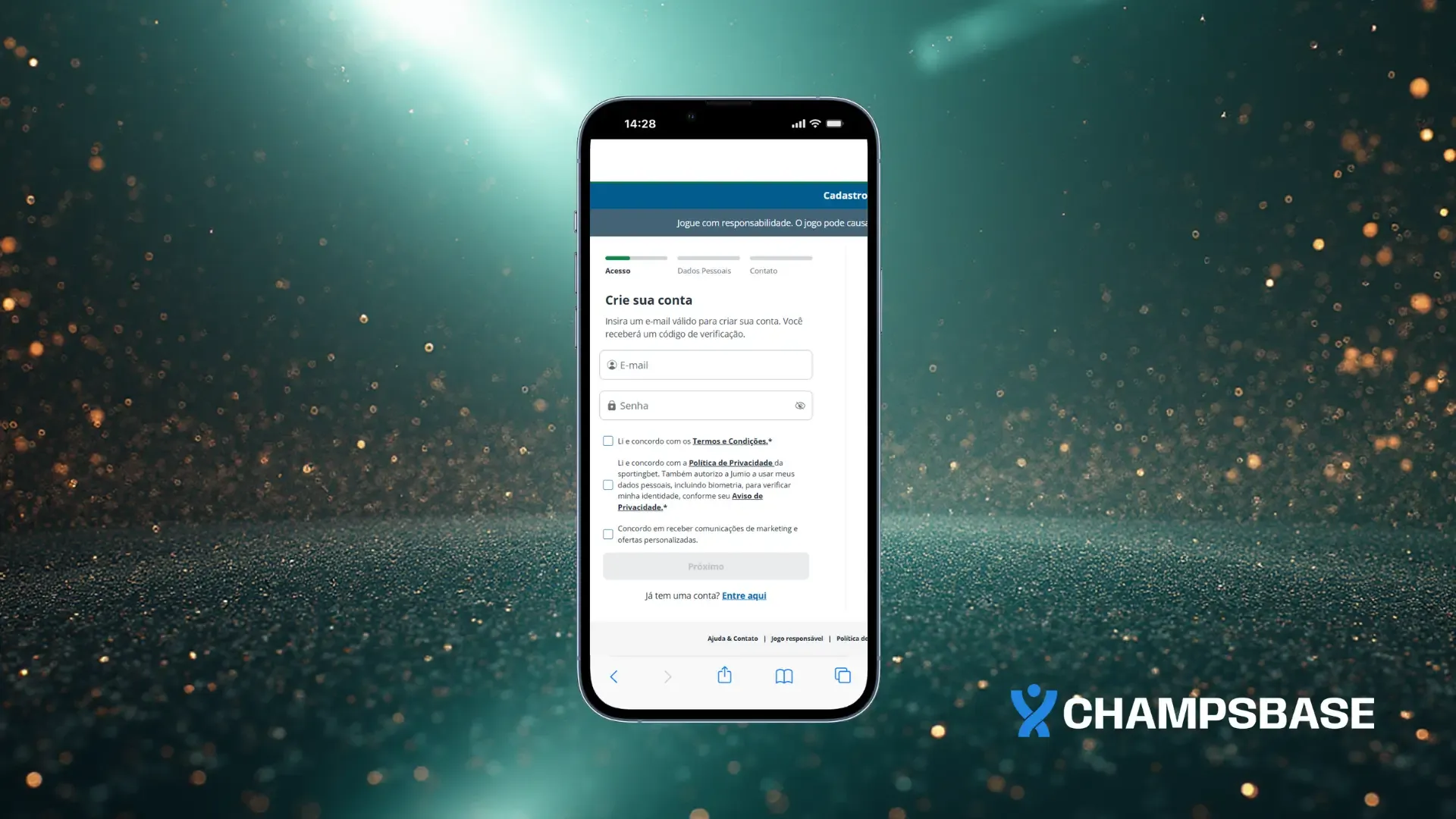 Página de cadastro no app da Sportingbet