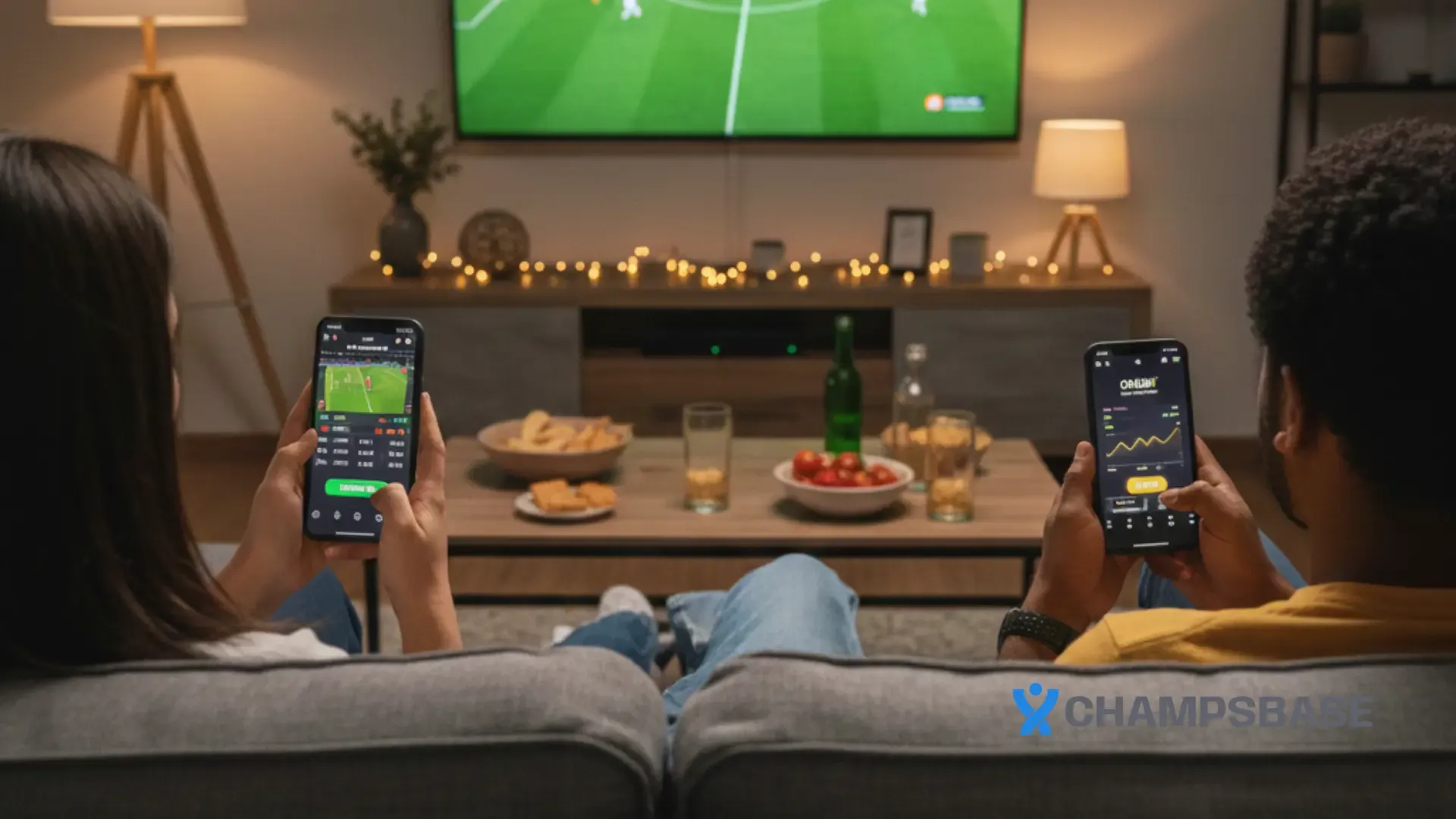 Casal desfruta de bônus na Sportingbet enquanto assiste a um jogo de futebol na TV