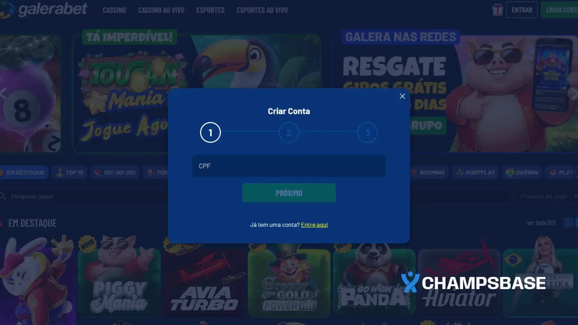 Página de registro para criar uma conta no Galera Bet