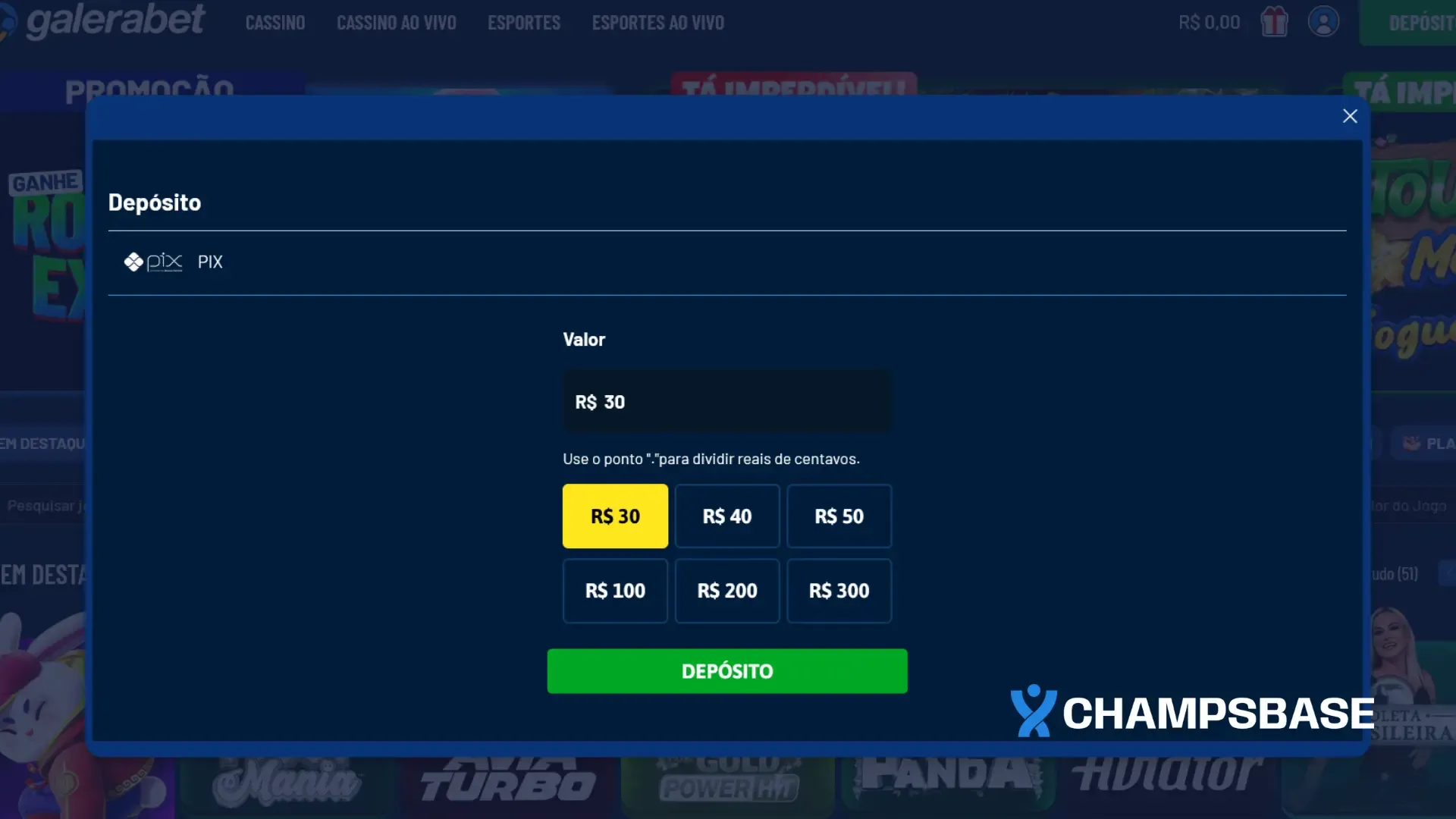 Página de depósito do site Galera Bet