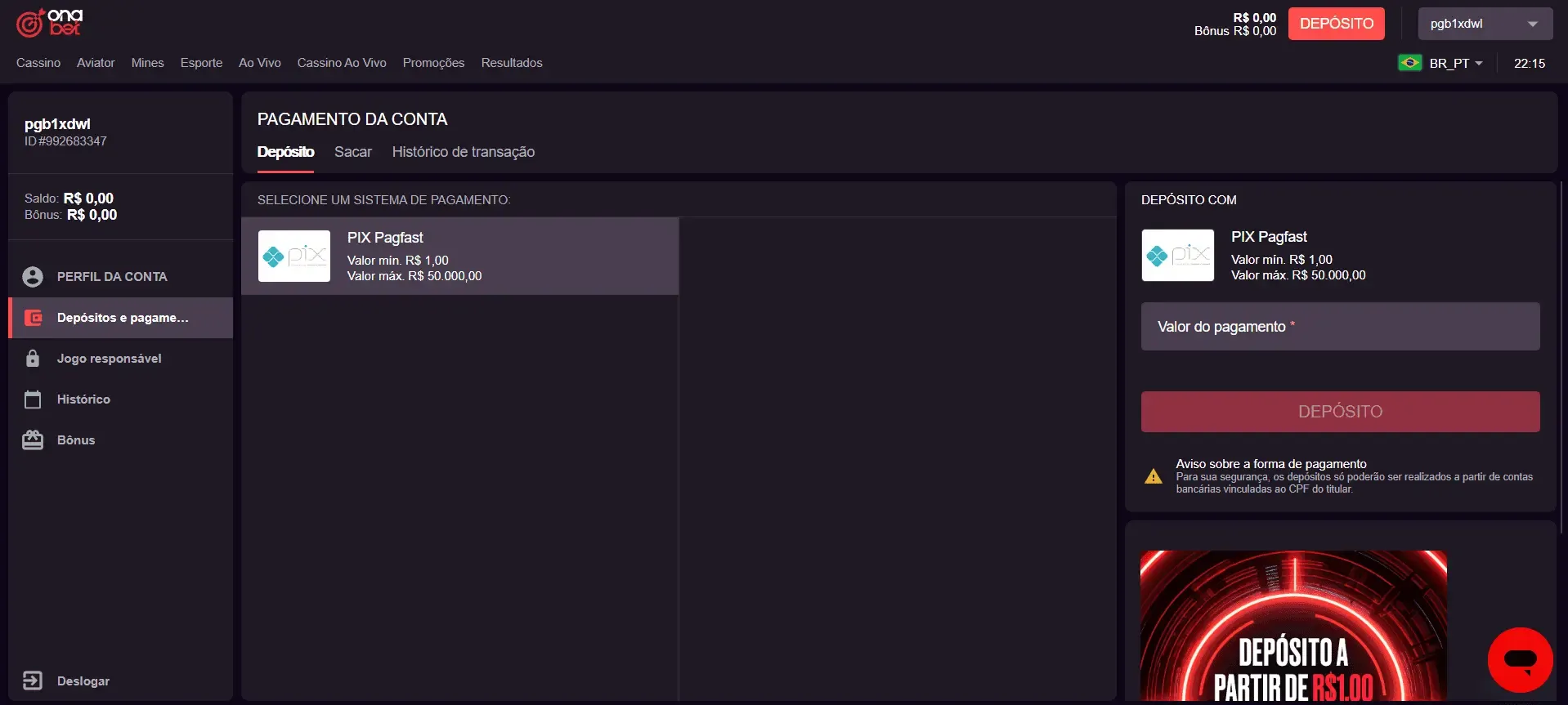 Página de depósito via Pix no site da Onabet