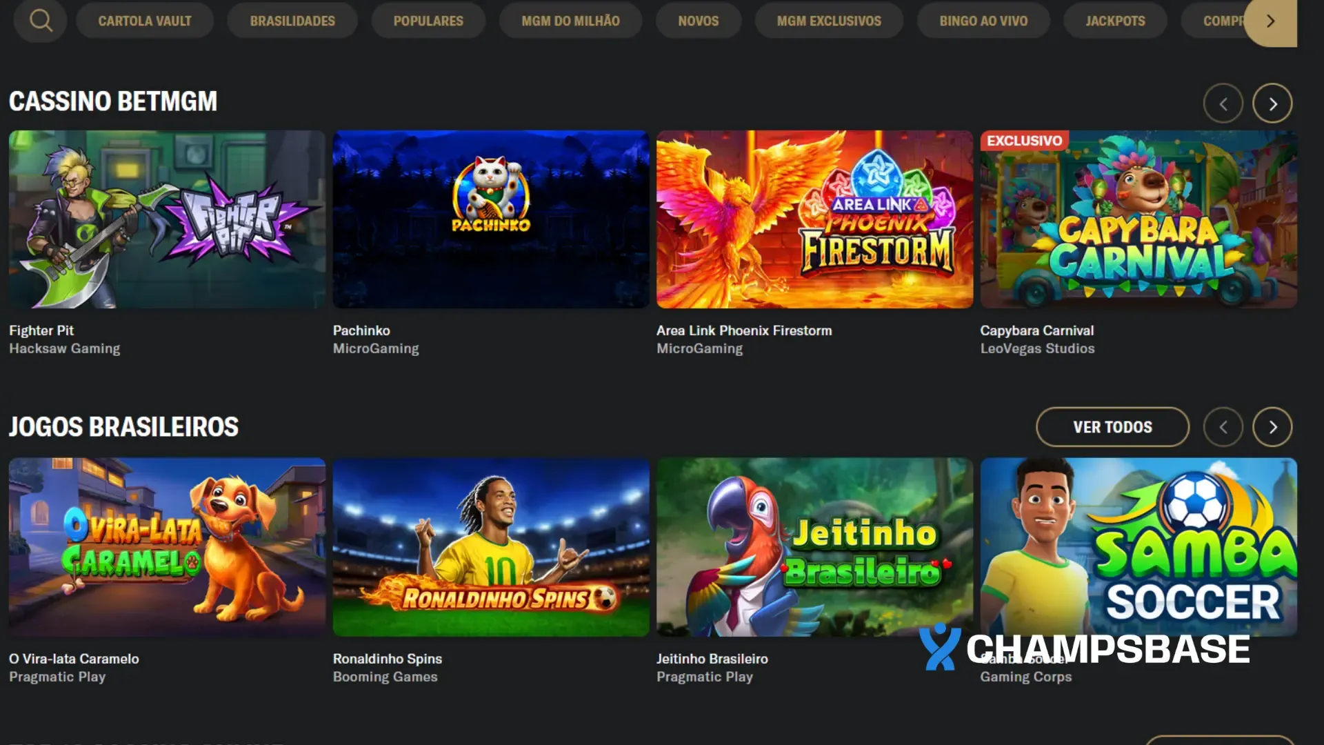 Página de cassino online do site da BetMGM