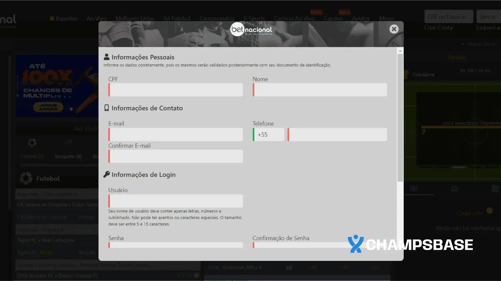Página de registro no site da Betnacional