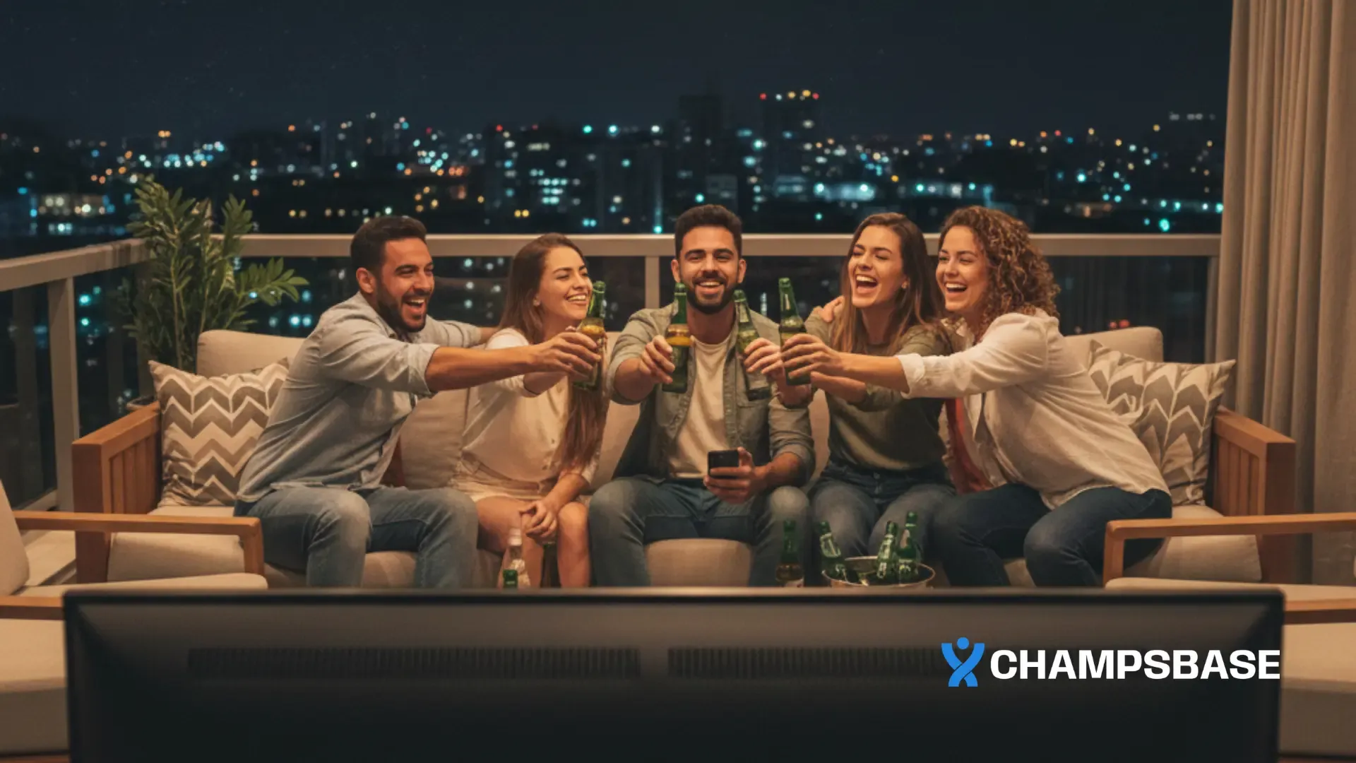 Amigos celebram, brindam e comemoram enquanto assitem a um jogo de futebol na TV