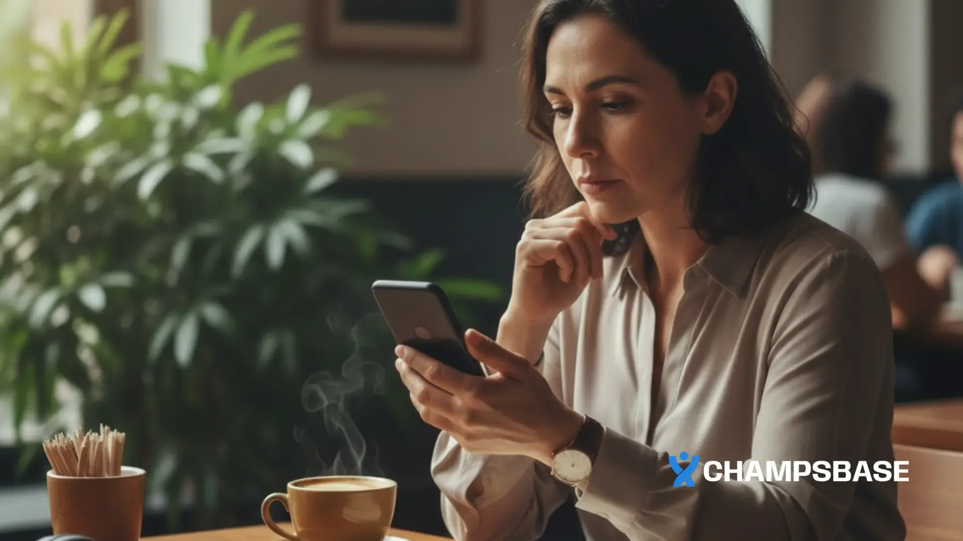Mulher em um café analisa detalhadamente os diferenciais de uma nova casa de apostas brasileira pelo seu aparelho celular