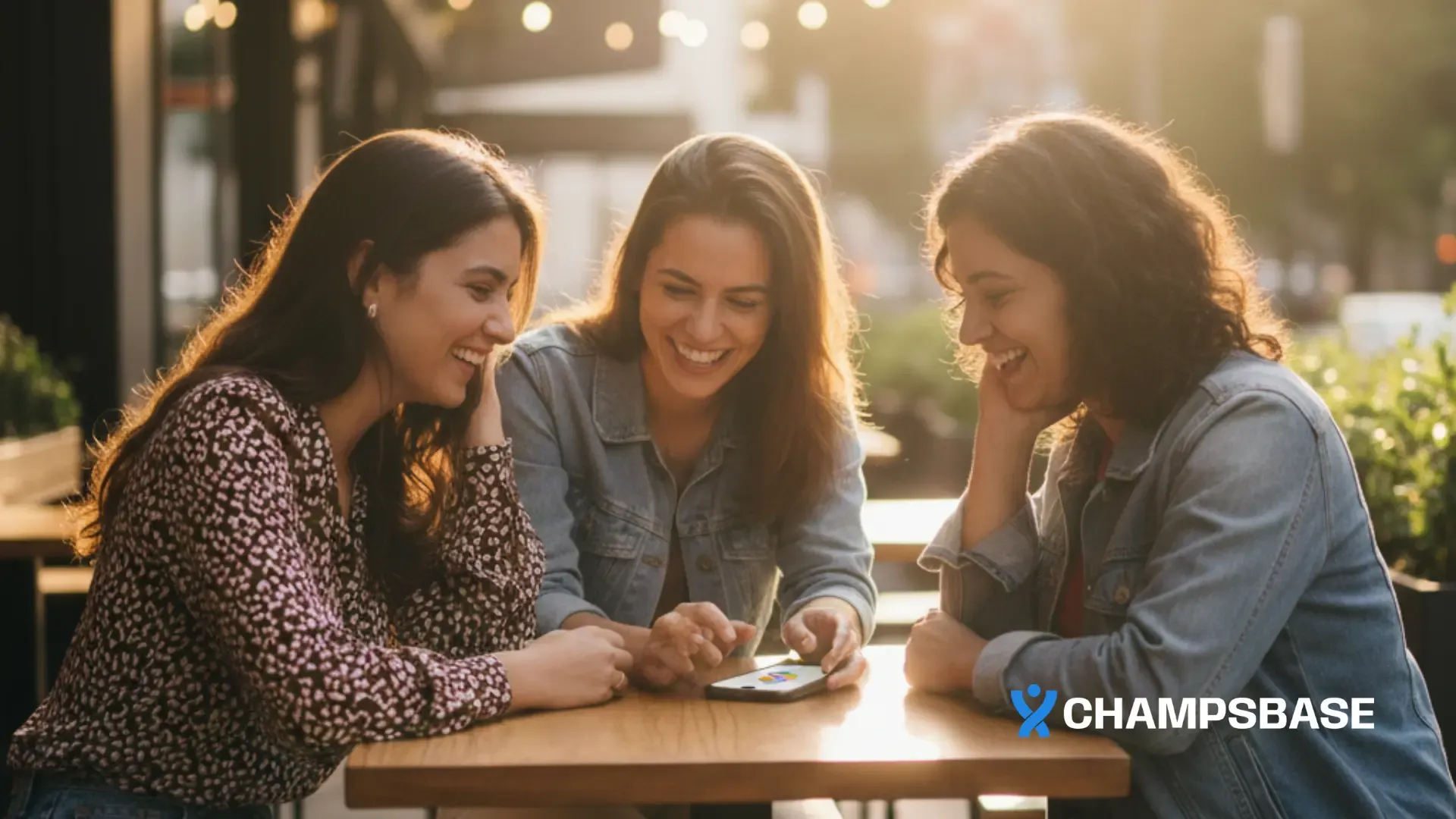 Três amigas, em um café, se divertem enquanto testam novas casas de apostas pelo celular de uma delas
