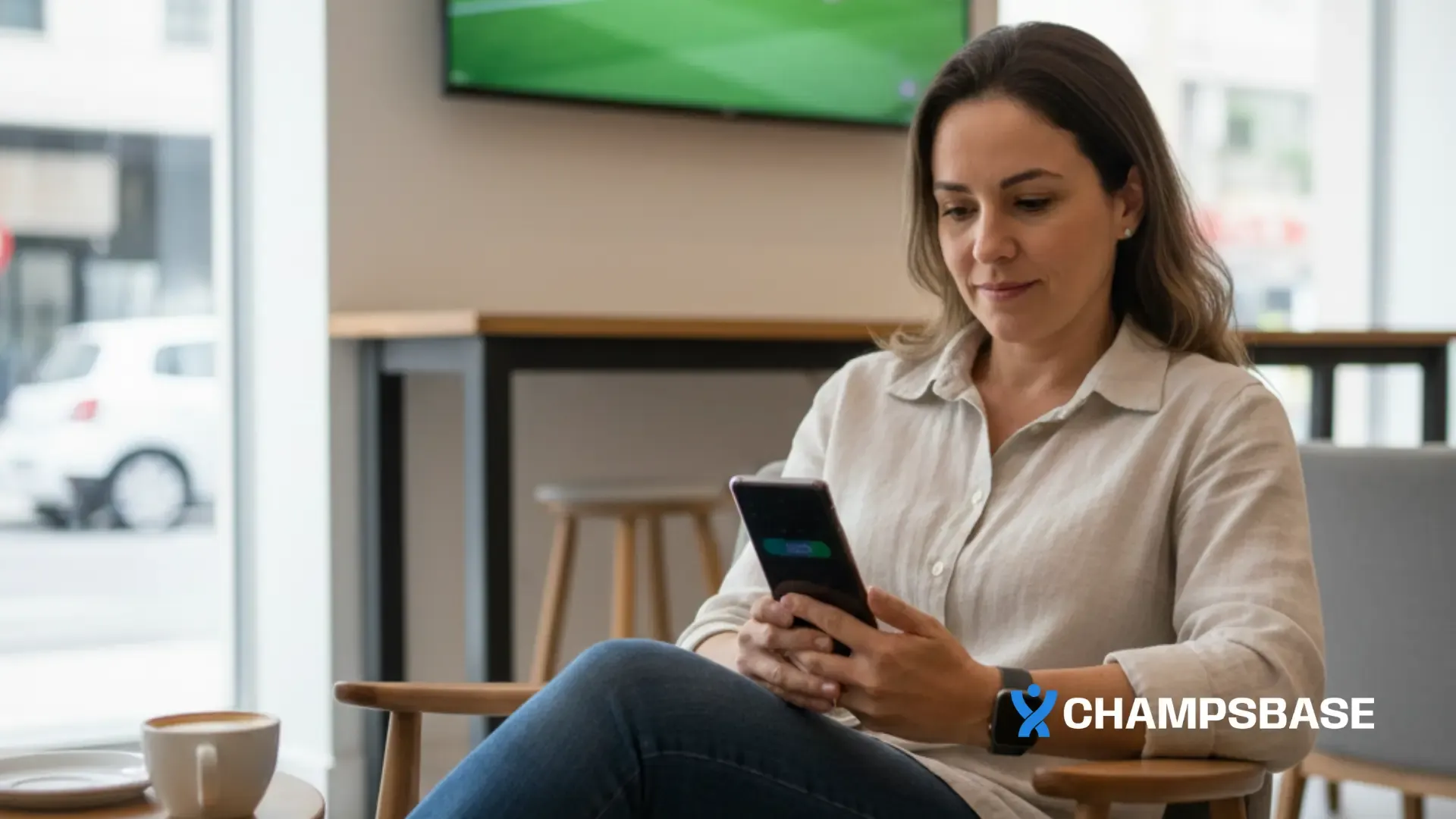 Mulher, em um café, testa o aplicativo da Superbet em seu aparelho celular